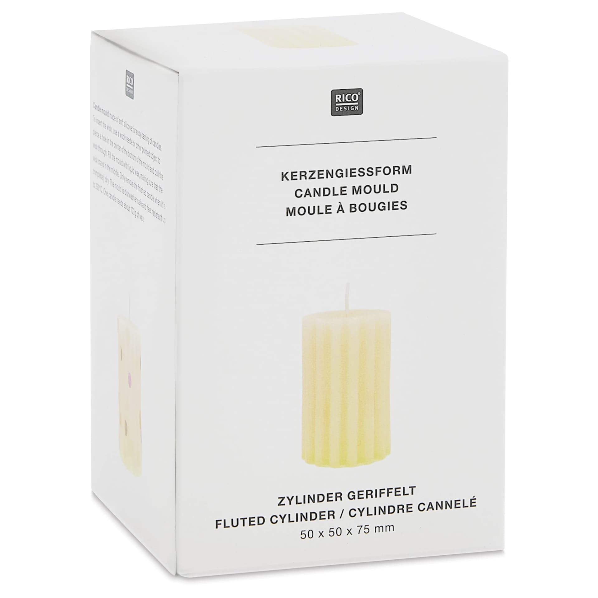 Rico Design Silicone Candle Mold - Fluted Cylinder, 2.4" x 2.4" x 3.5" - front of packaging