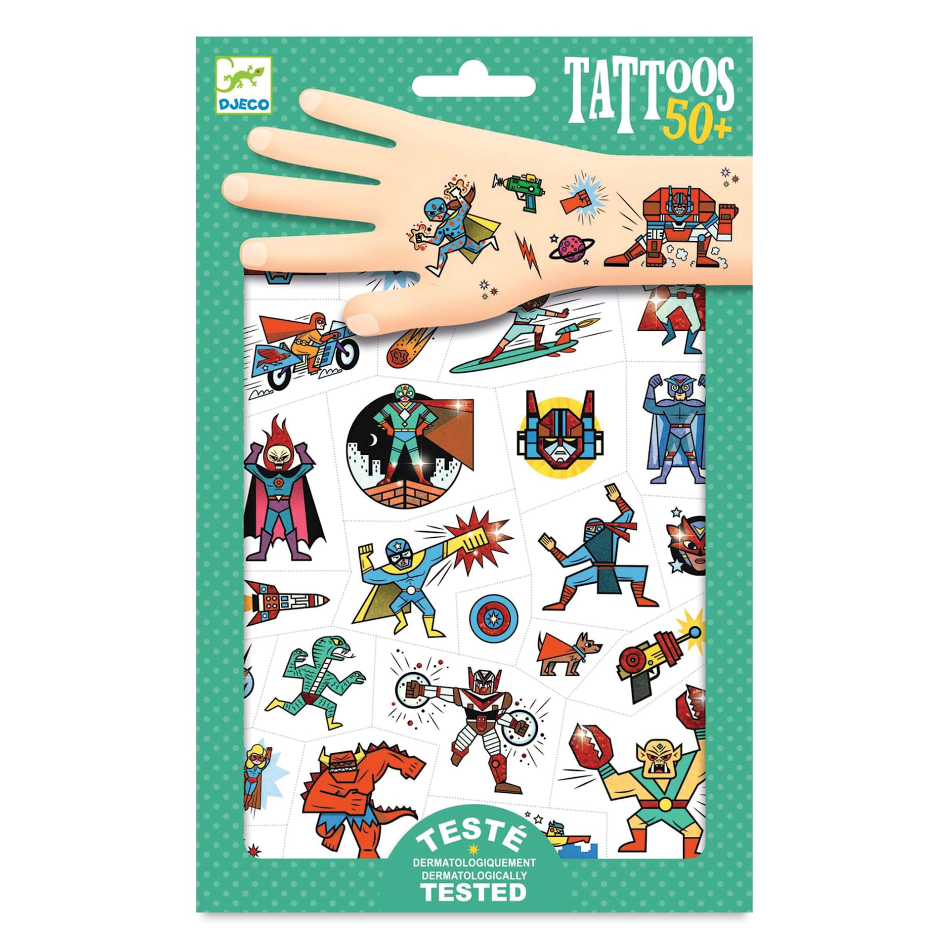 Djeco Temporary Tattoos - Heroes vs. Villains front of packaging