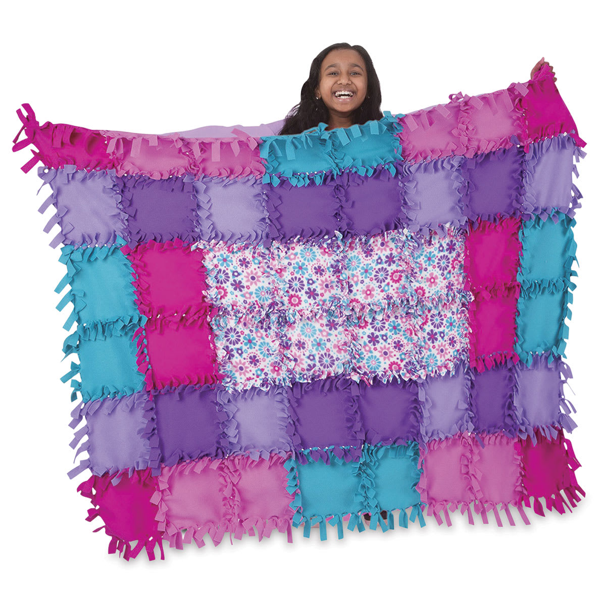 Melissa & Doug Created by Me Flower Fleece Quilt - Child holding up finished Quilt