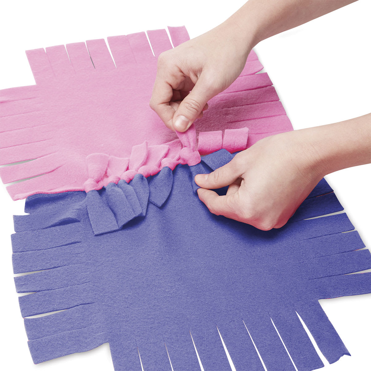 Melissa & Doug Created by Me Flower Fleece Quilt - Hands tying two pieces together
