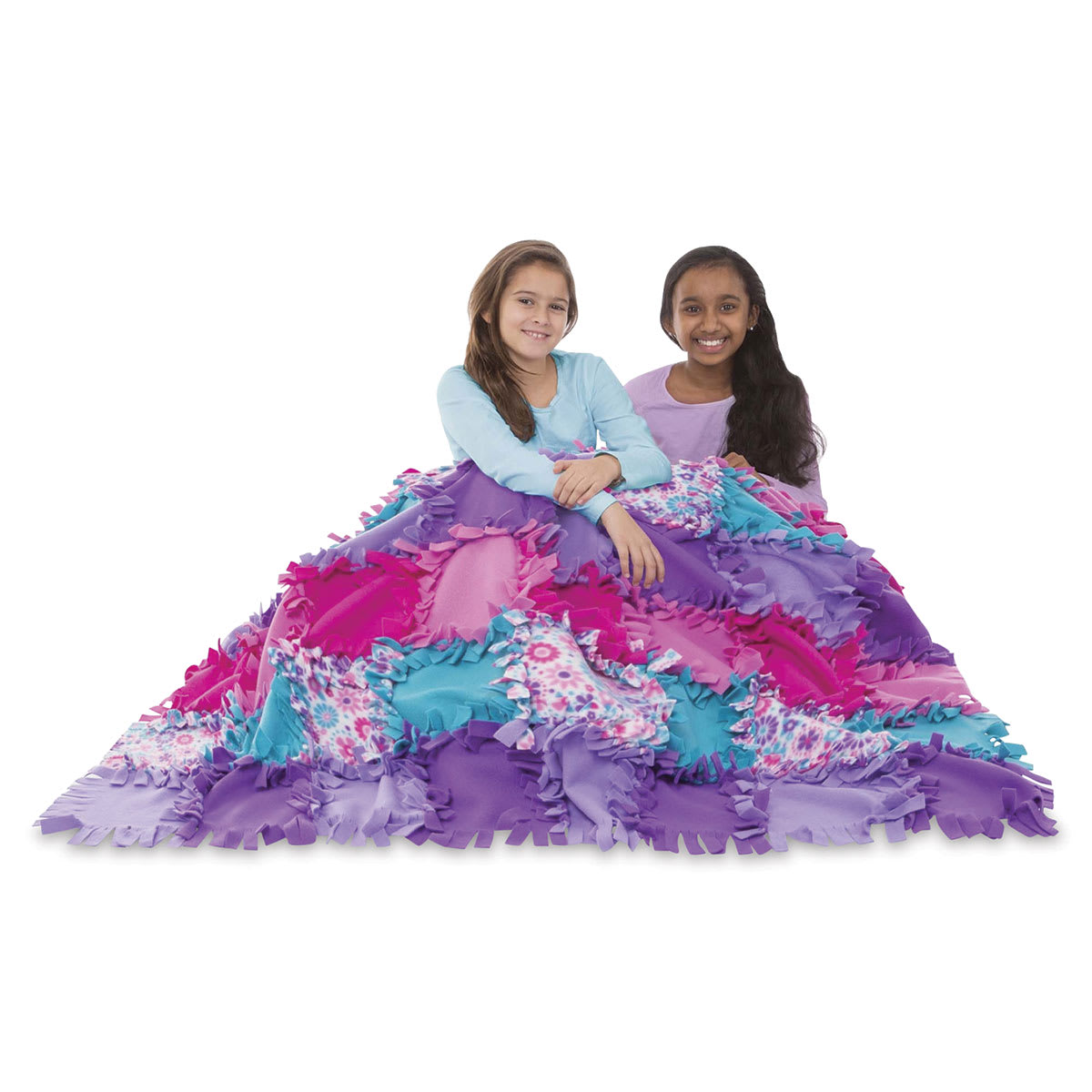 Melissa & Doug Created by Me Flower Fleece Quilt - 2 Children sitting under completed Quilt
