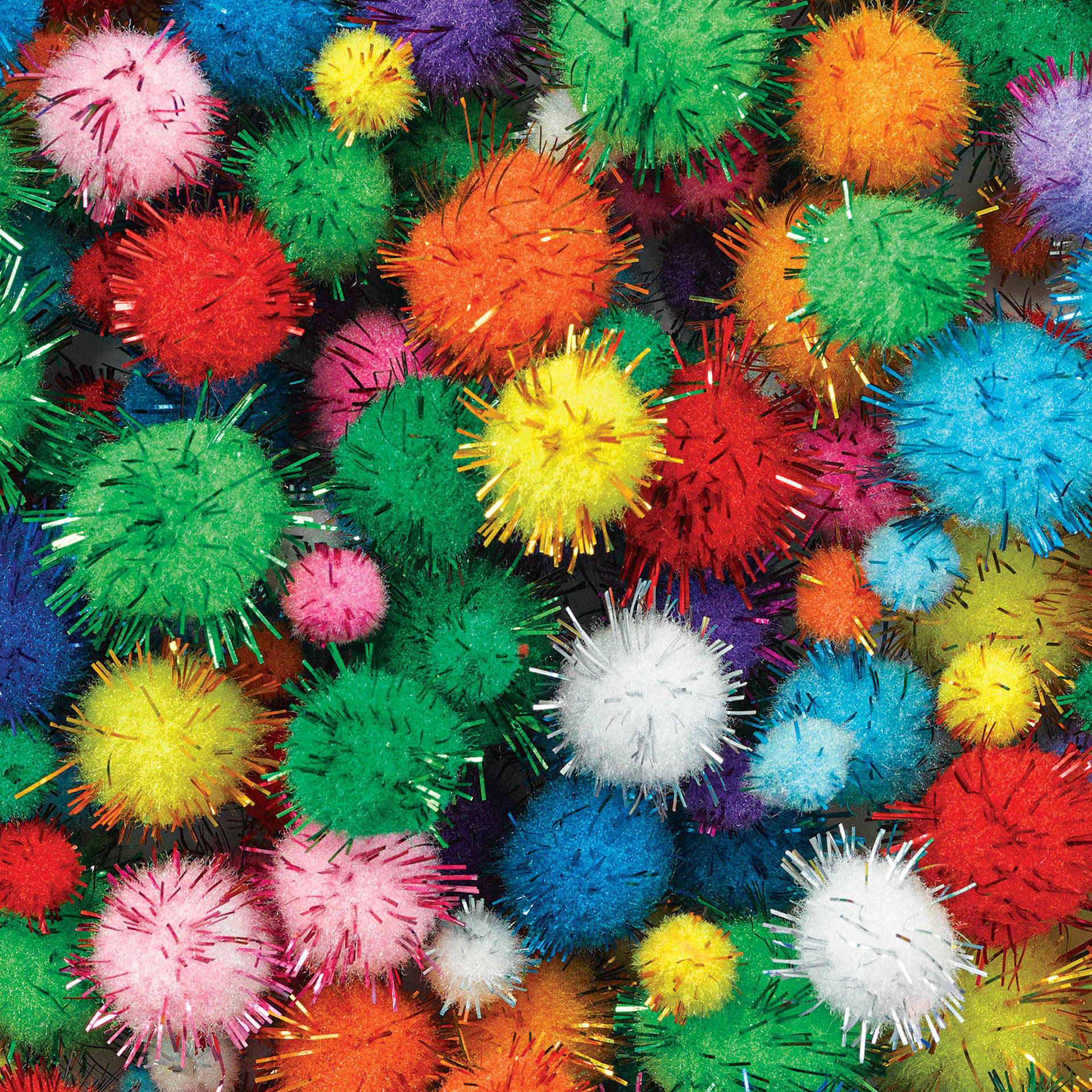 Tinsel Pom Poms (Close-up of assorted pom pom colors)