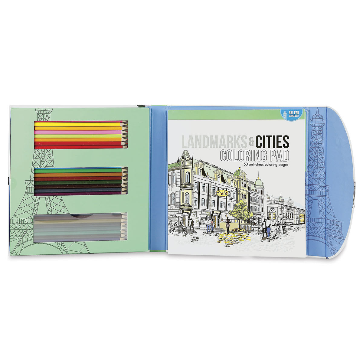Landmarks & Cities Coloring Kit - Kit open showing Coloring Pad and pencils
