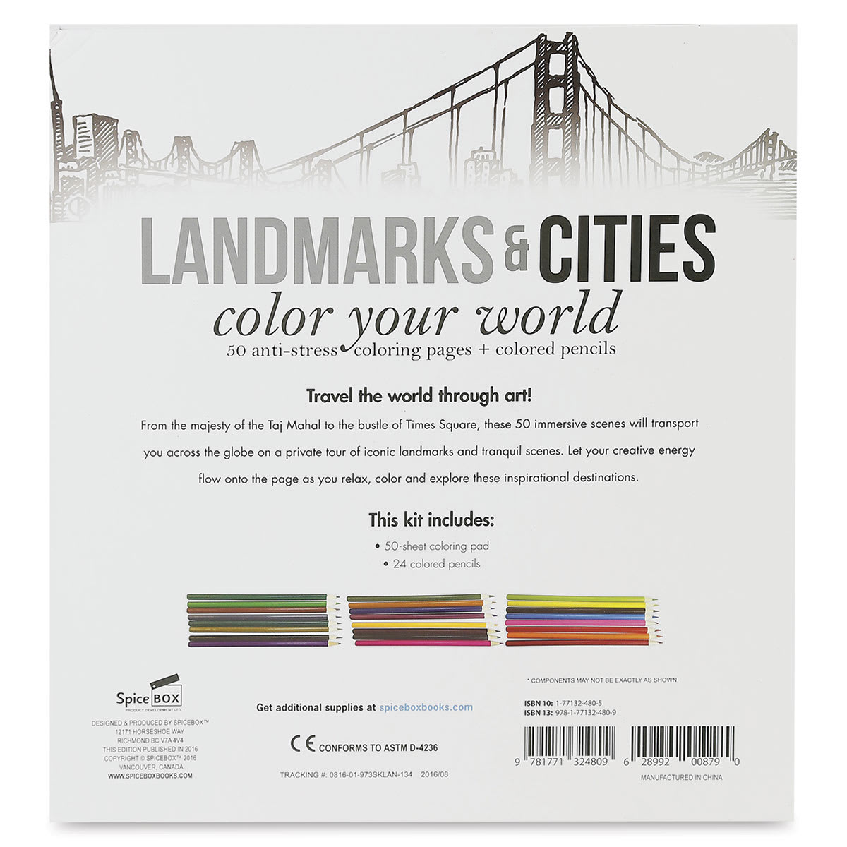 Landmarks & Cities Coloring Kit - Back of Kit package shown
