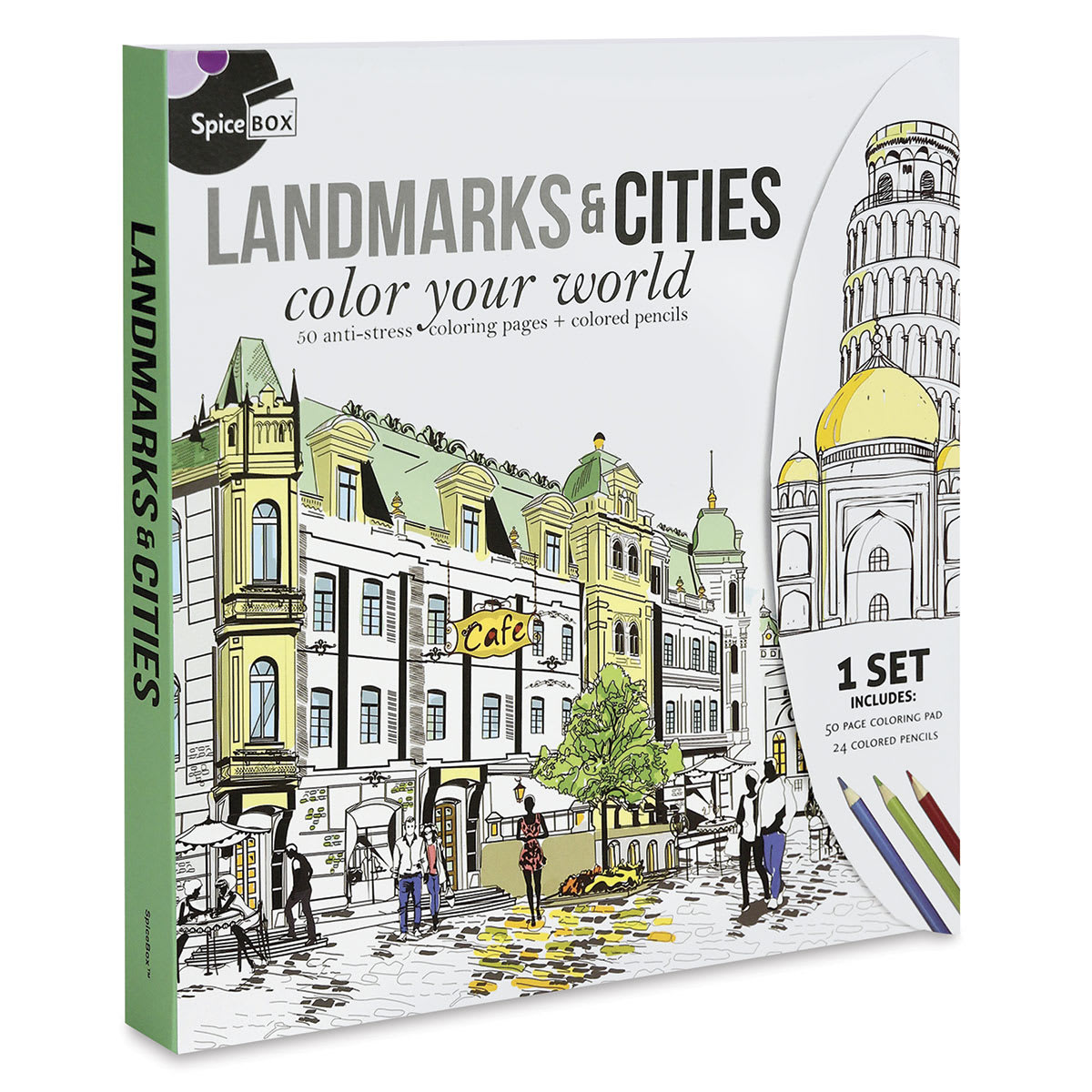 Landmarks & Cities Coloring Kit - Left angled view of Kit package
