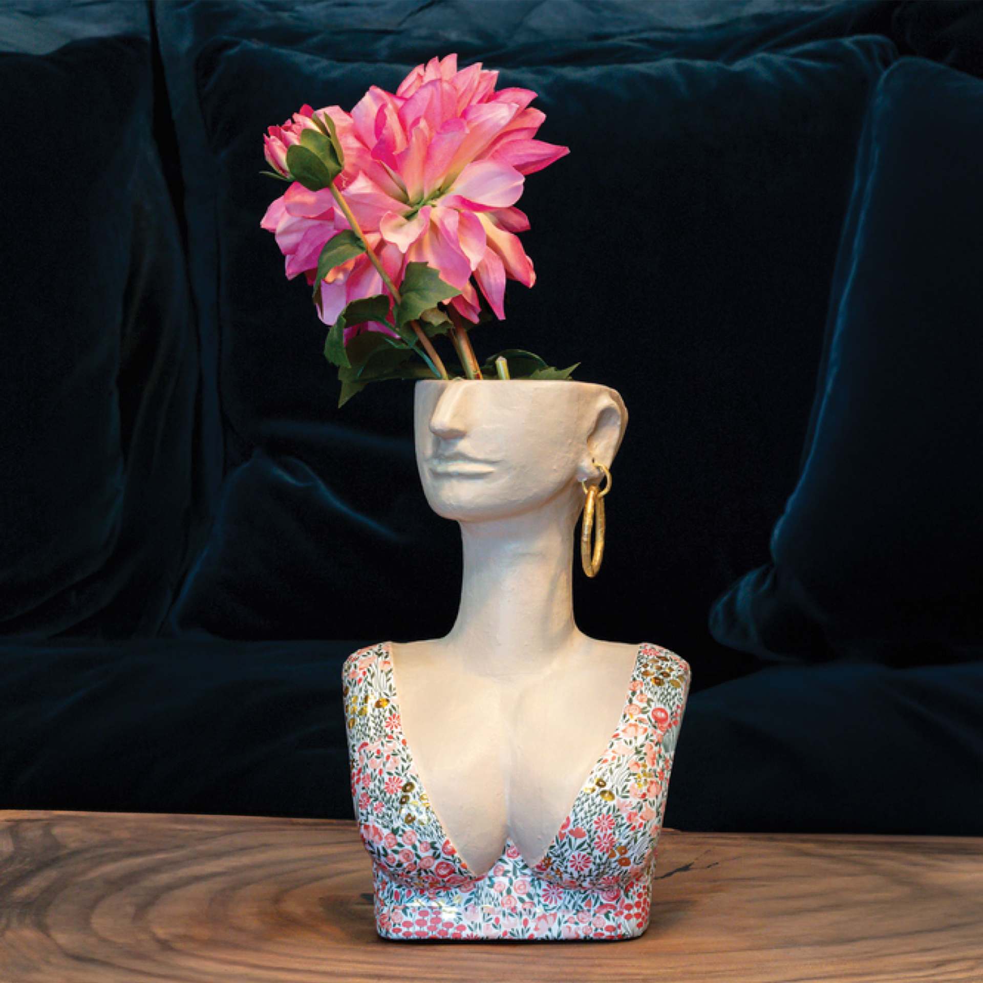 DecoPatch Paper Mache Planter - Woman Bust Vase, with flowers