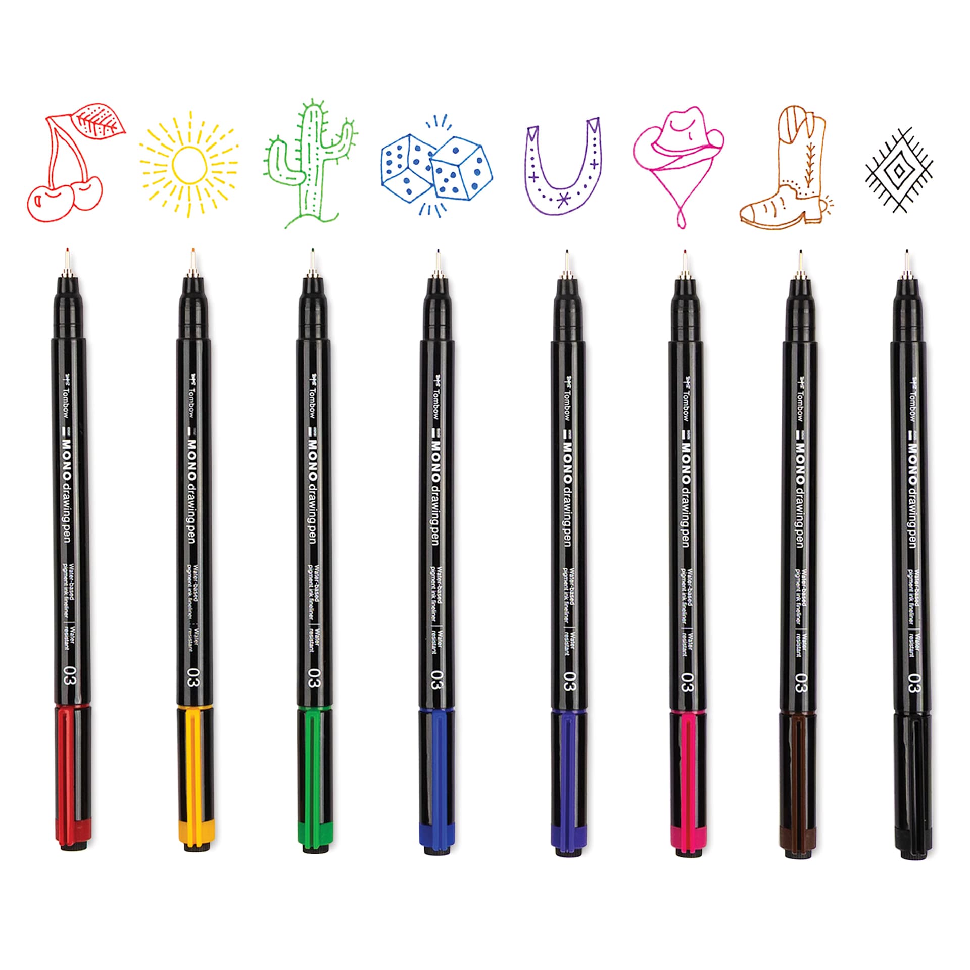 Tombow Mono Drawing Pen - Set of 8, 03, Assorted Colors, cap removed demonstrating pen line