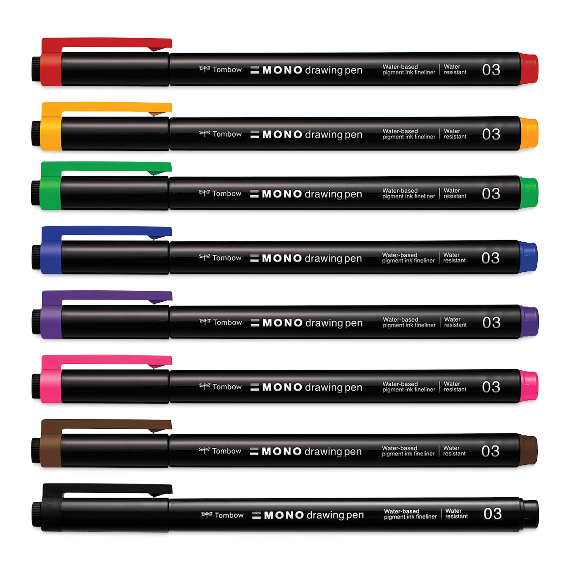 Tombow Mono Drawing Pen - Set of 8, 03, Assorted Colors, pens laid out