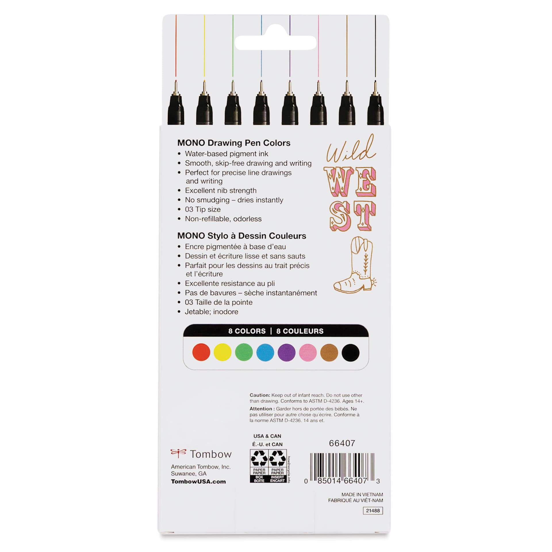 Tombow Mono Drawing Pen - Set of 8, 03, Assorted Colors, back of the packaging