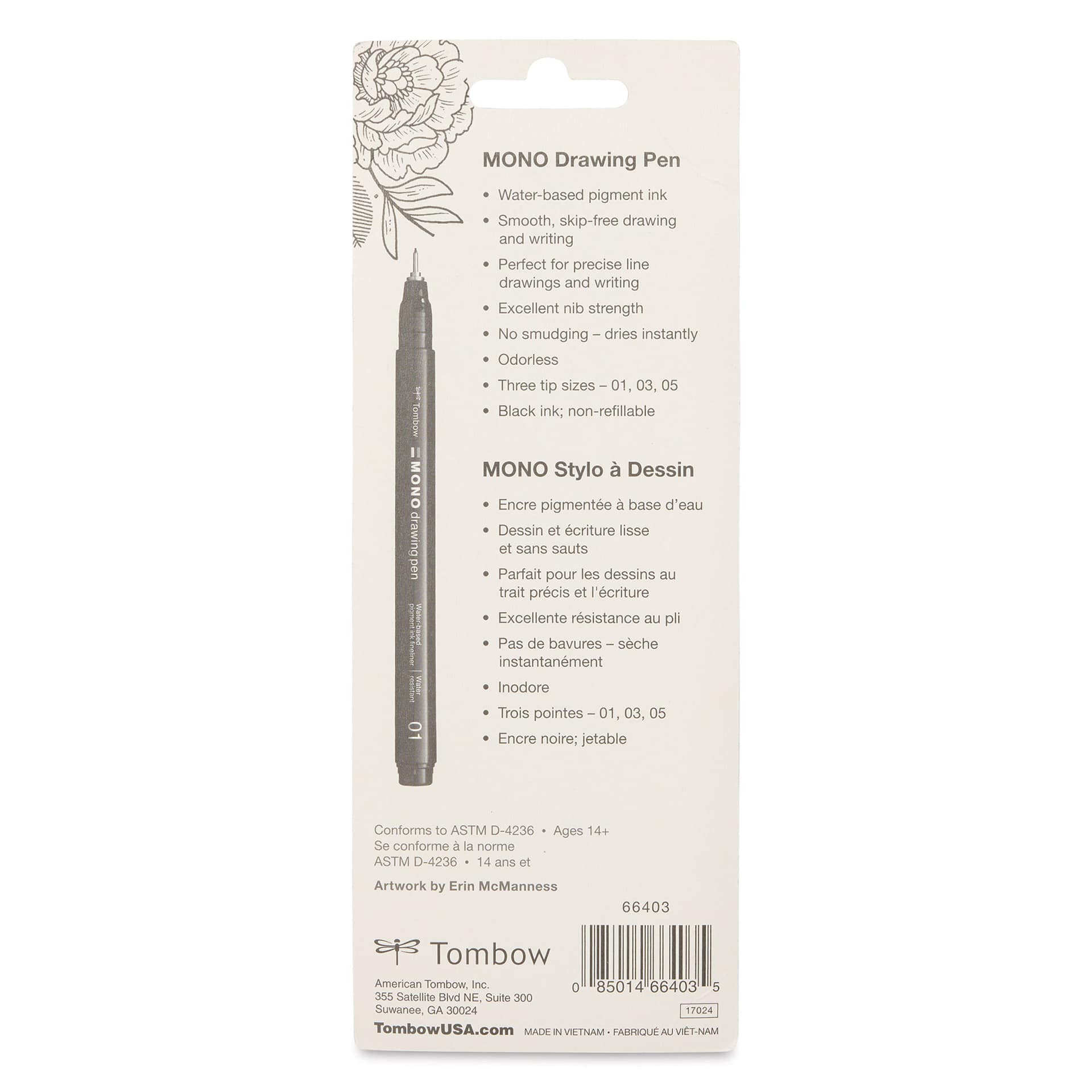 Tombow Mono Drawing Pens - Set of 3, back of the packaging