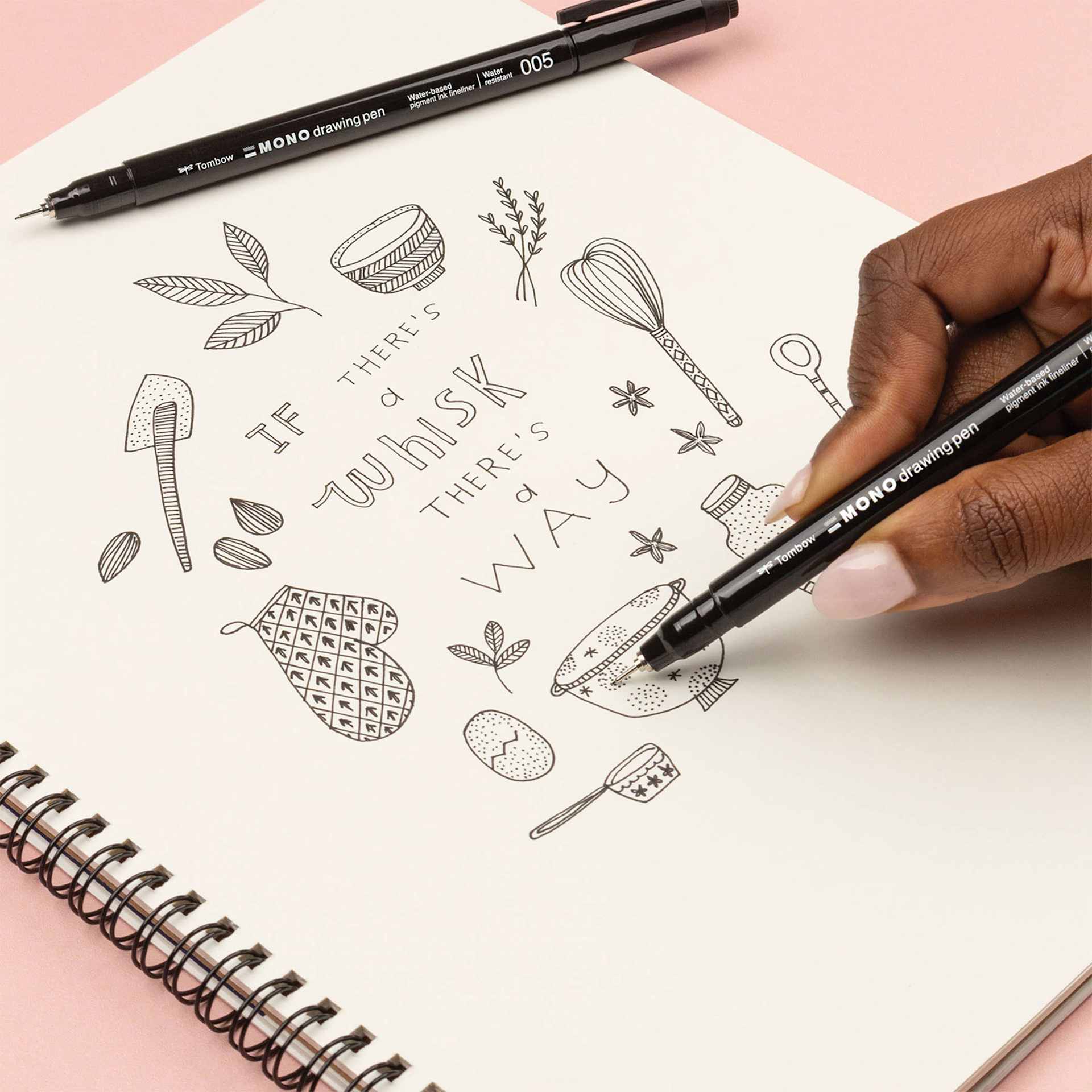 Tombow Mono Drawing Pens - Ultra Fine, Pkg of 2, one pen in hand drawing on paper