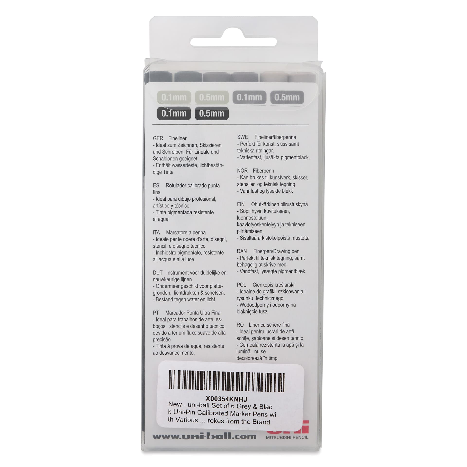 Uni Pin Fine Liner Pen - Set of 6, Black and Gray, back of the packaging