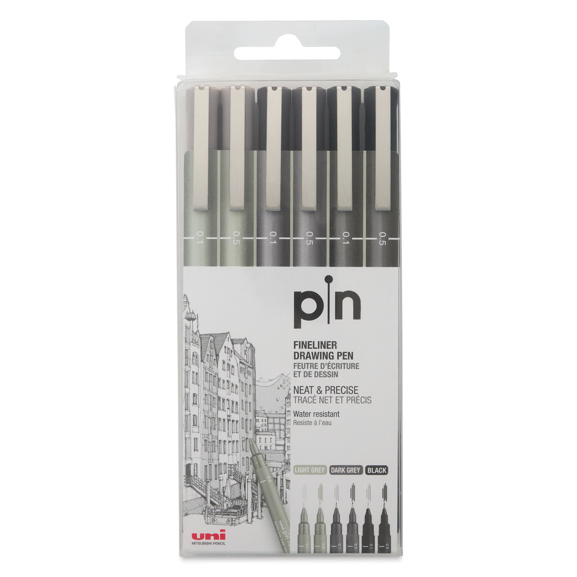 Uni Pin Fine Liner Pen - Set of 6, Black and Gray, front of the packaging