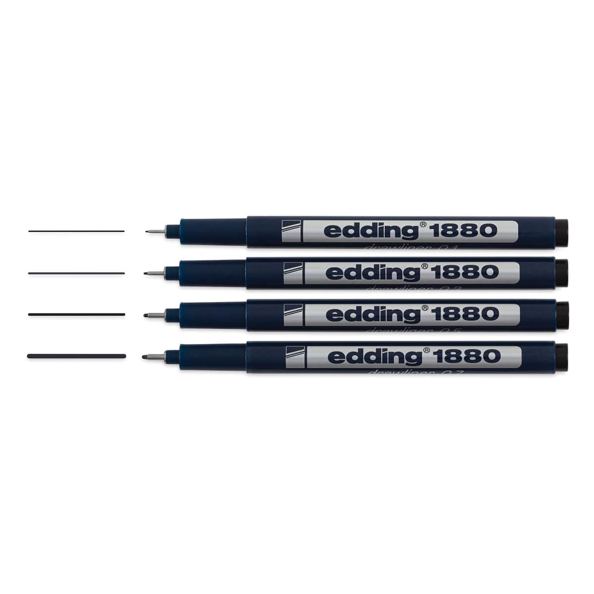 Edding 1880 Drawliner Pen Set -  4 pc Set horizontally, uncapped and with ink line for point width