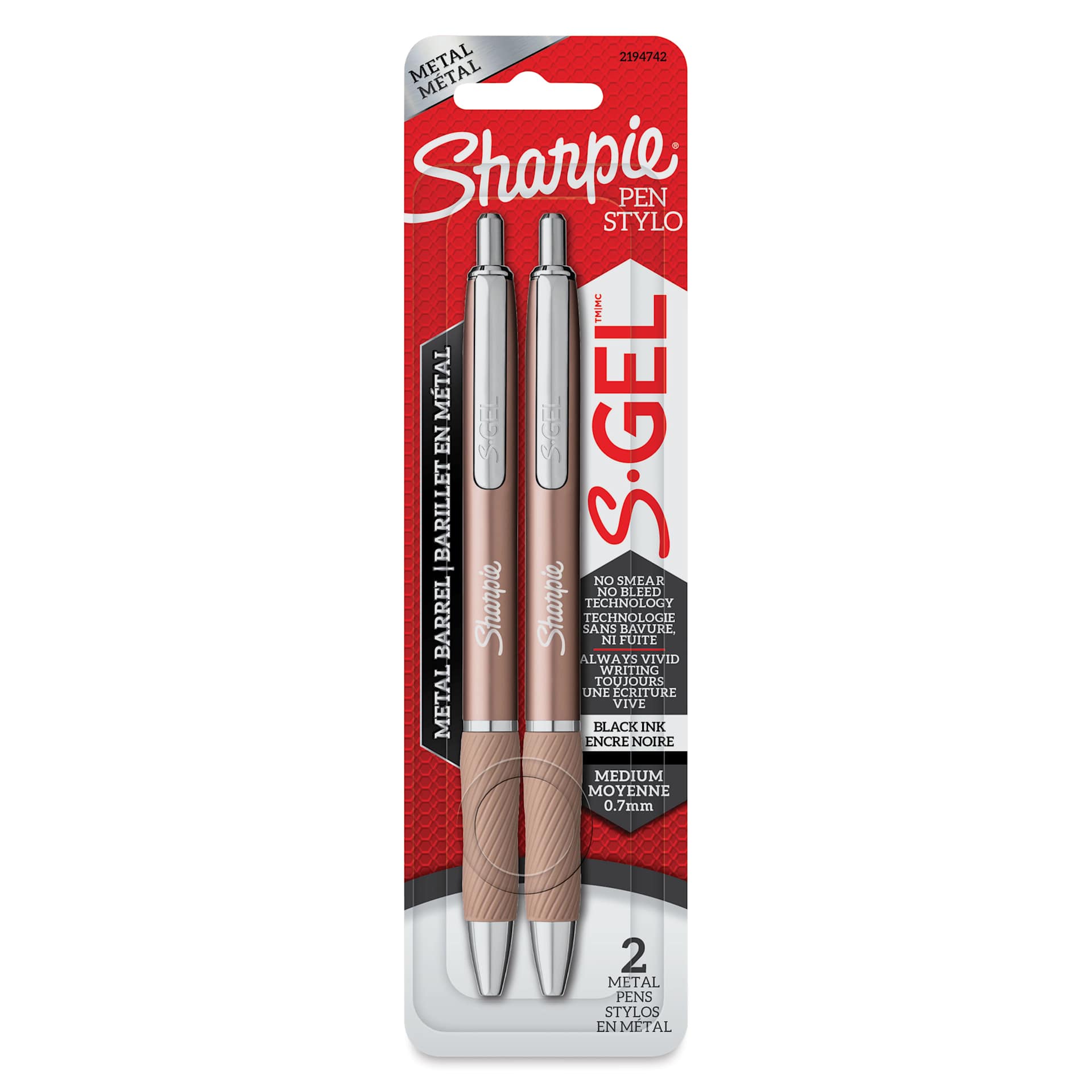 Sharpie Metal Barrel S-Gel Pens - Champagne, Pkg of 2, 0.7 mm, packaging