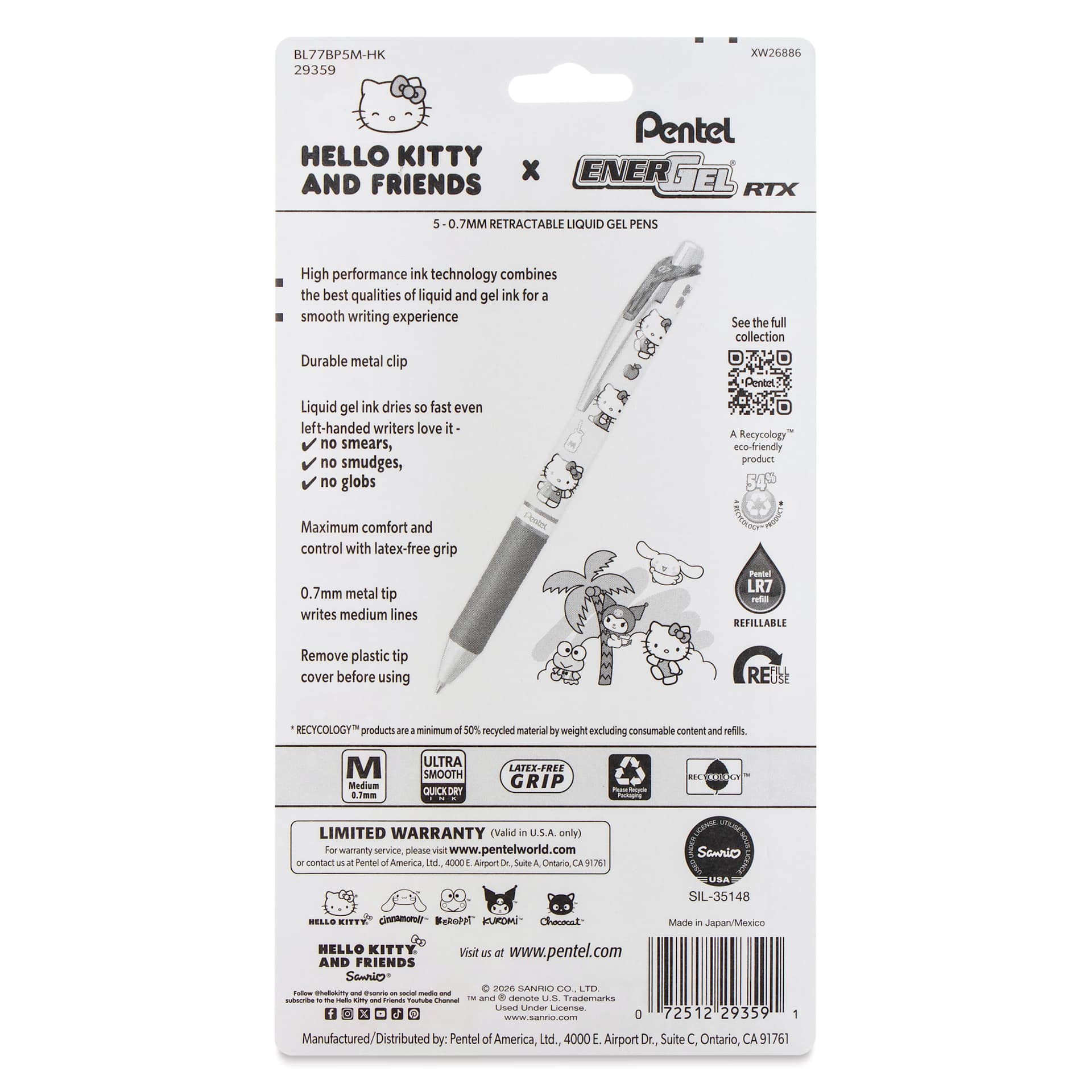 Pentel EnerGel RTX Gel Pens - Hello Kitty, Primary, Set of 5, 0.7 mm, back of packaging