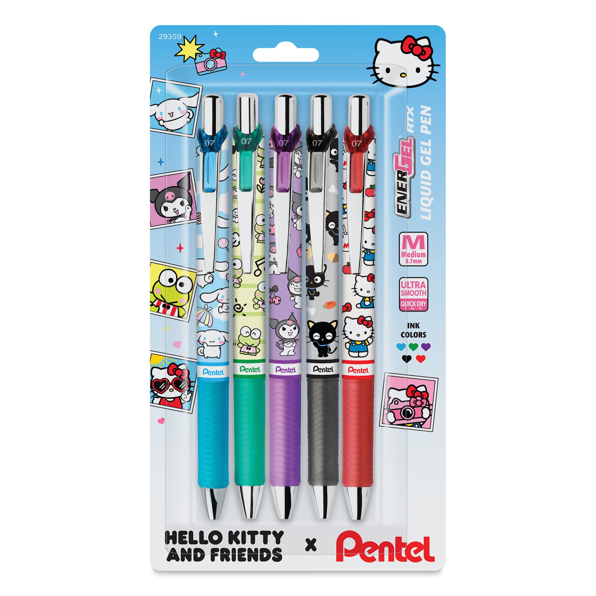Pentel EnerGel RTX Gel Pens - Hello Kitty, Primary, Set of 5, 0.7 mm, front of packaging