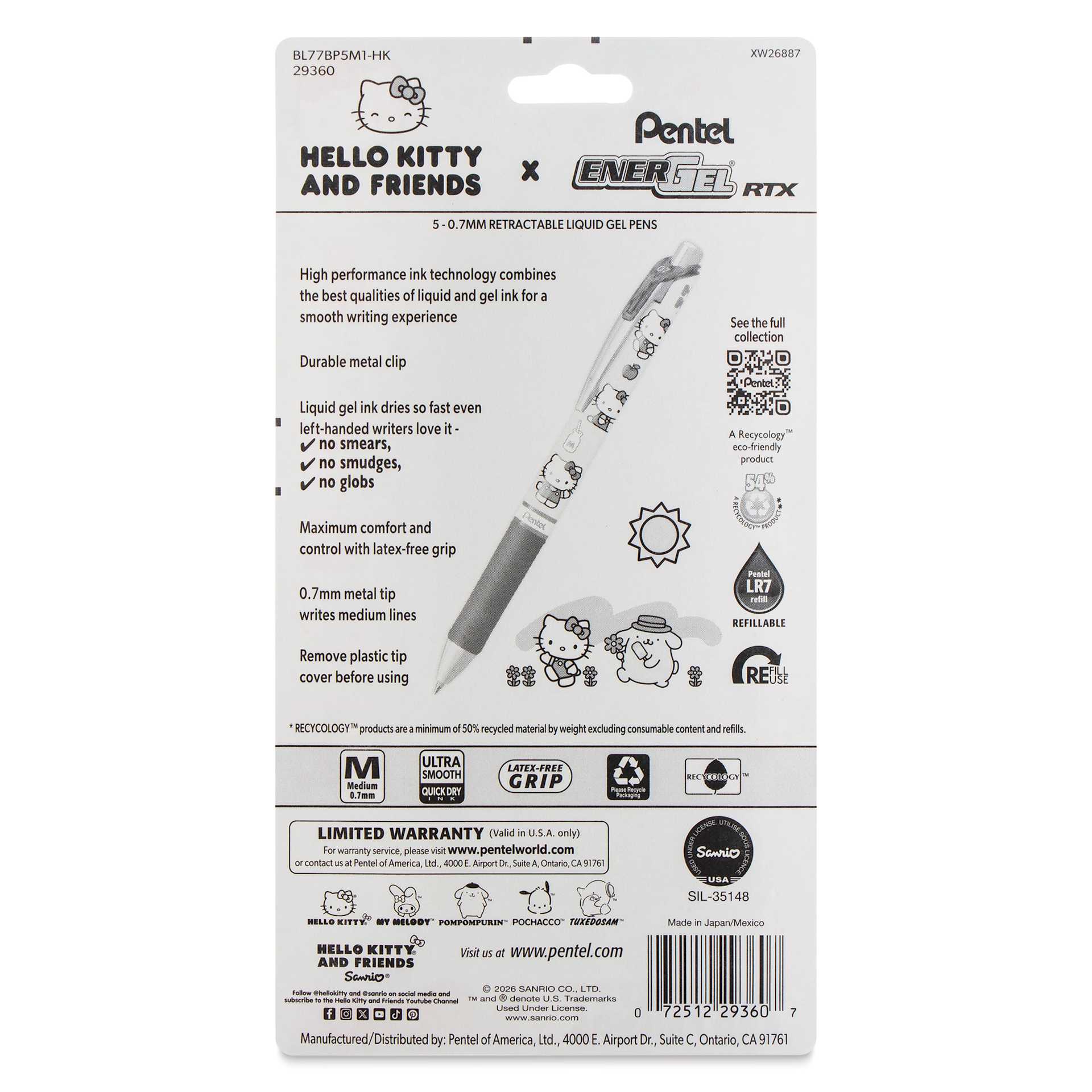 Pentel EnerGel RTX Gel Pens - Hello Kitty, Secondary, Set of 5, 0.7 mm, back of packaging
