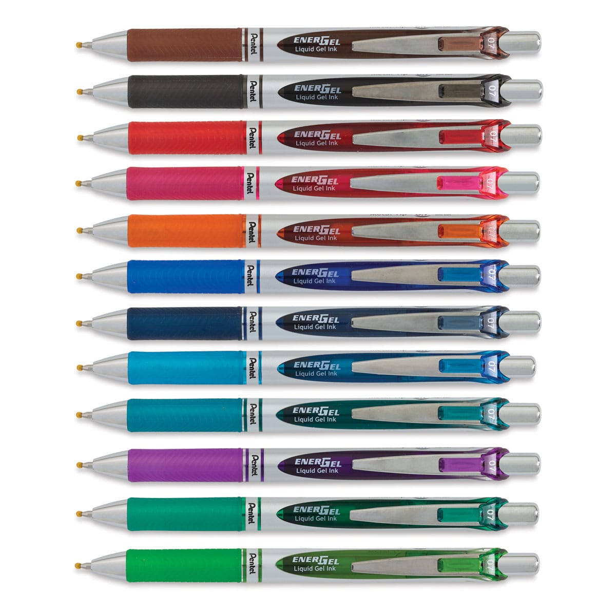 Pentel EnerGel RTX Gel Pens - 12 Assorted Color Pens shown horizontally 