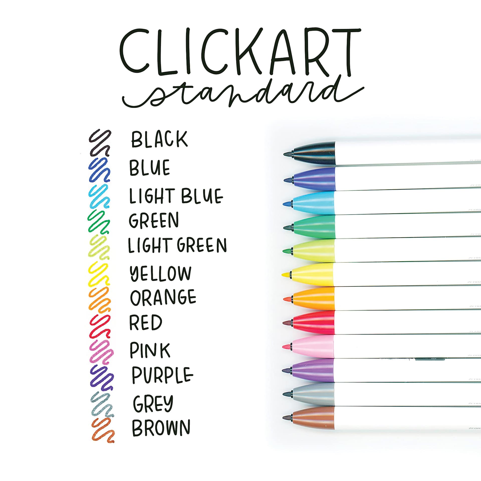 Zebra ClickArt Retractable Markers - 12 markers with color name and swatch in row