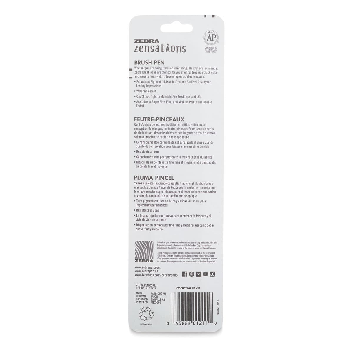 Zebra Zensations Fude Brush Pen - Fine, Black - back of packaging