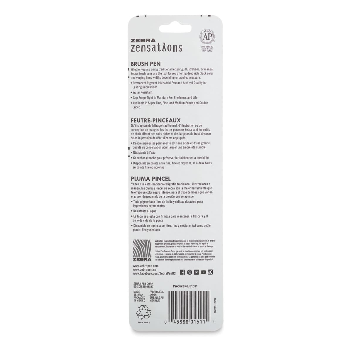 Zebra Zensations Fude Brush Pen - Double-Ended, Black - back of packaging