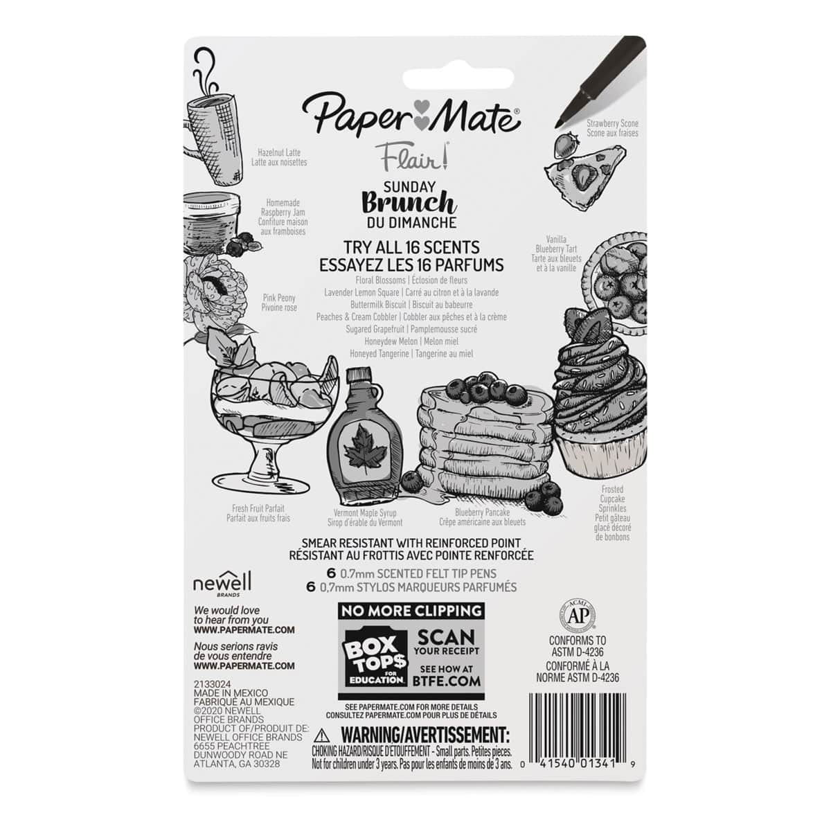 Paper Mate Flair Scented Pens - Sunday Brunch, Set of 6, back of the packaging
