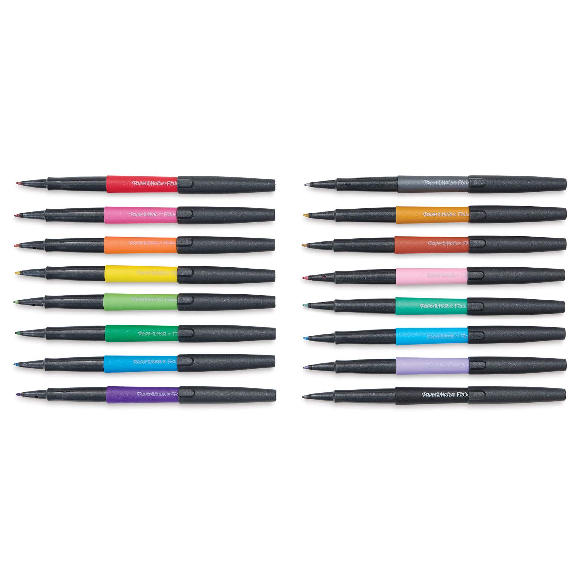 Paper Mate Flair Metallic Pens - Set of 16, markers laid out with caps off