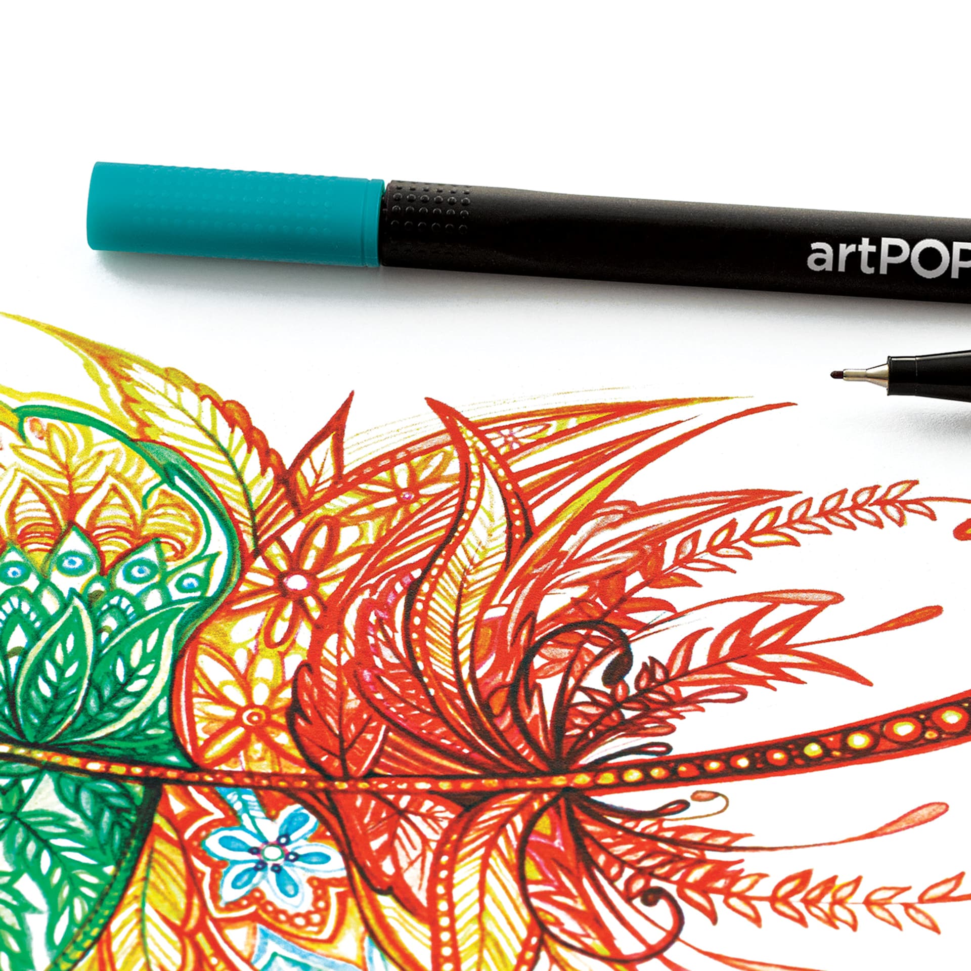 artPOP! Fine Tip Pens - Set of 24, close-up of feather drawing and pen