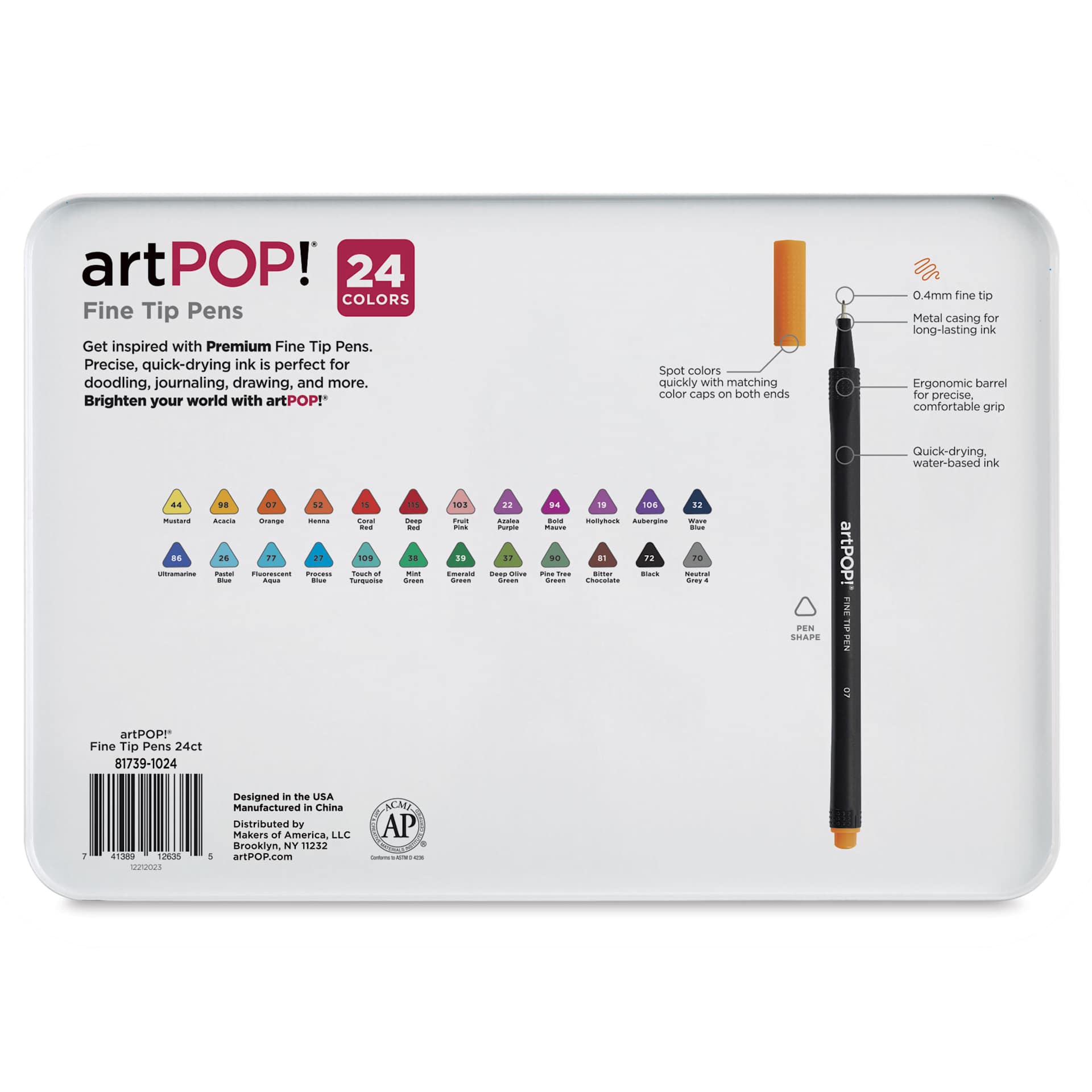 artPOP! Fine Tip Pens - Set of 24, back of packaging