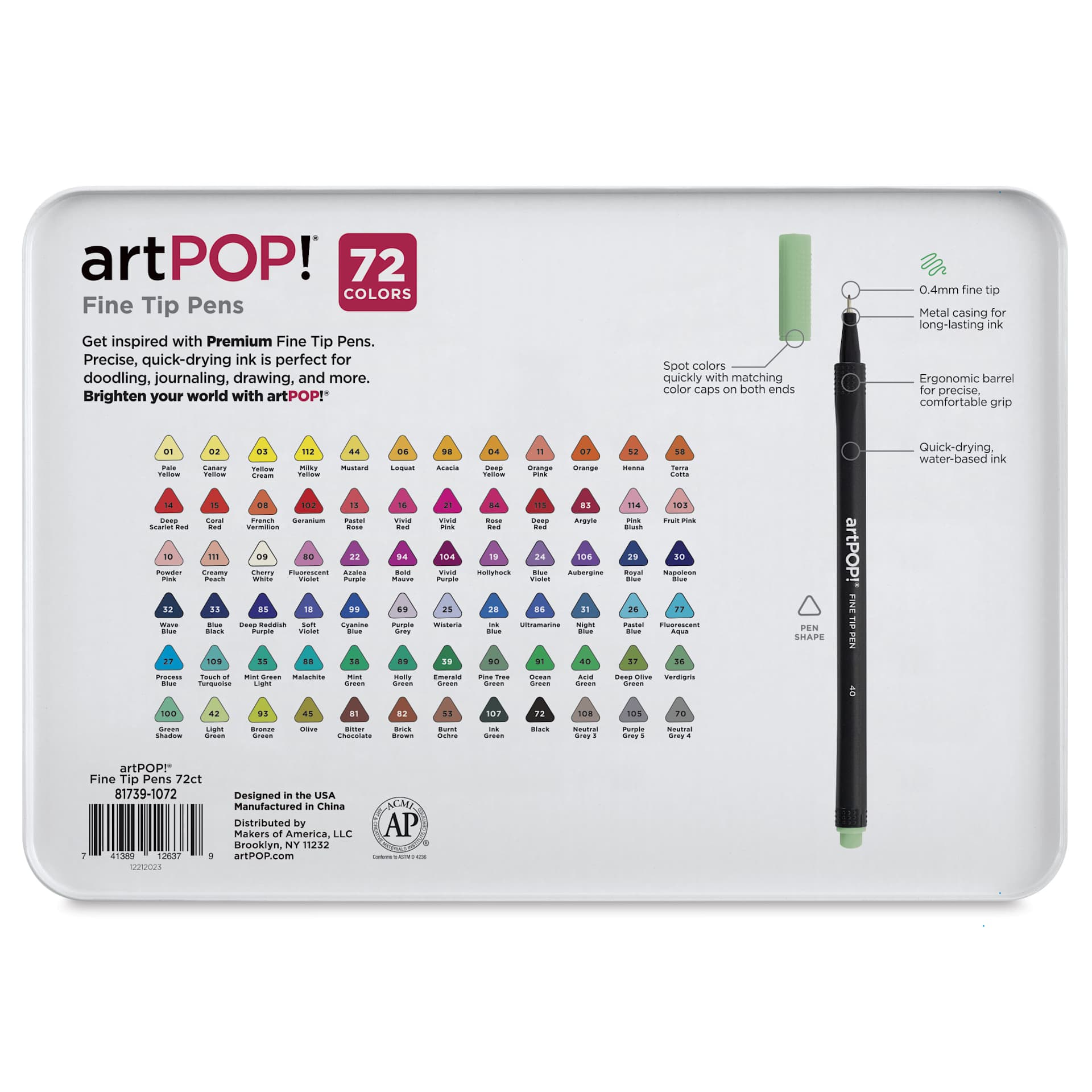 artPOP! Fine Tip Pens - Set of 72, back of packaging