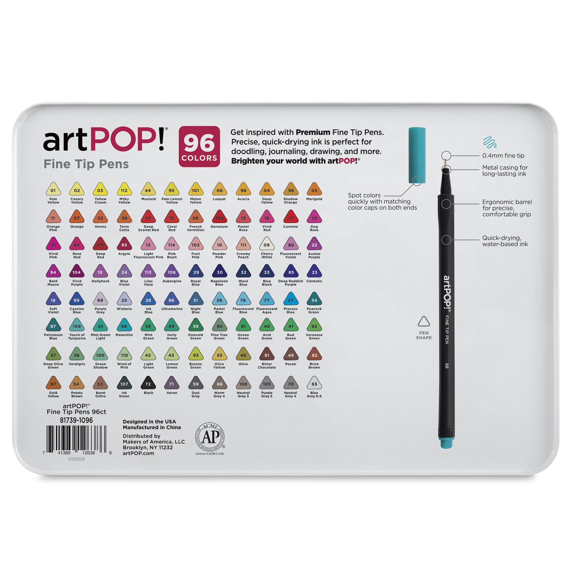 artPOP! Fine Tip Pens - Set of 96, back of packaging