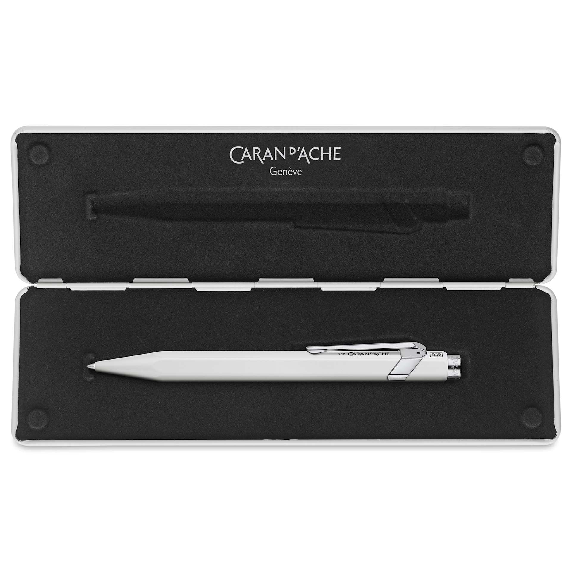 Caran d'Ache 849 Rollerball Pen - White, inside case