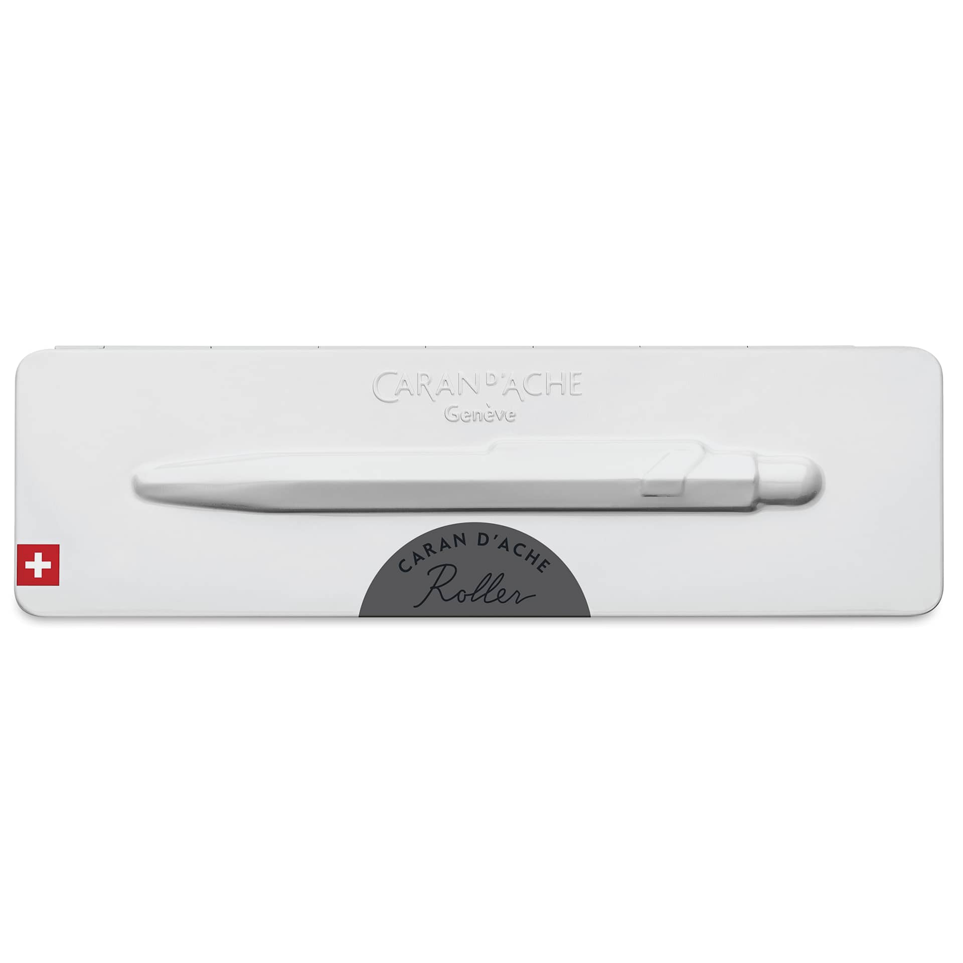 Caran d'Ache 849 Rollerball Pen - Grey, front of case