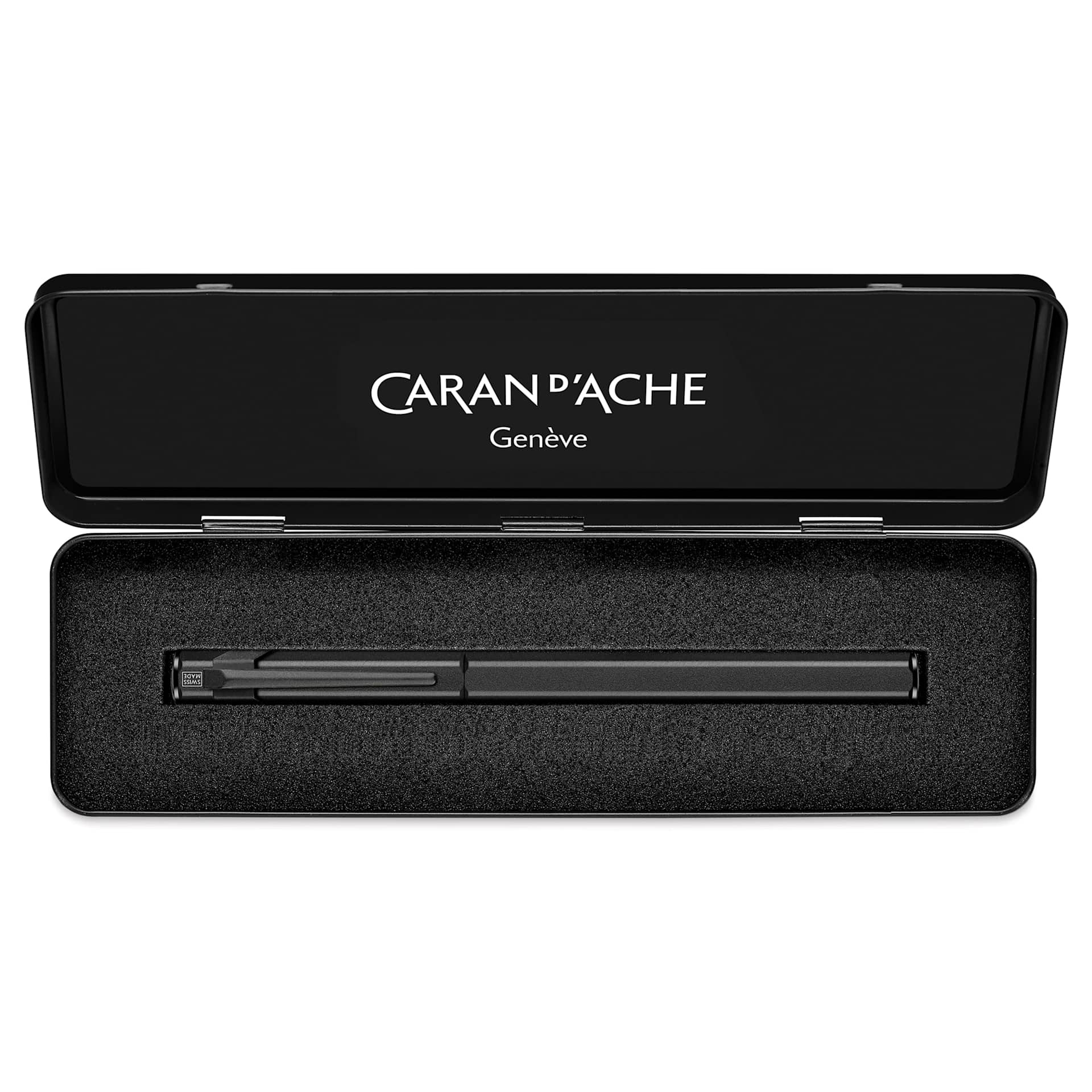 Caran d'Ache 849 Black Code Fountain Pen - Black, Medium Tip, shown inside of the metal case