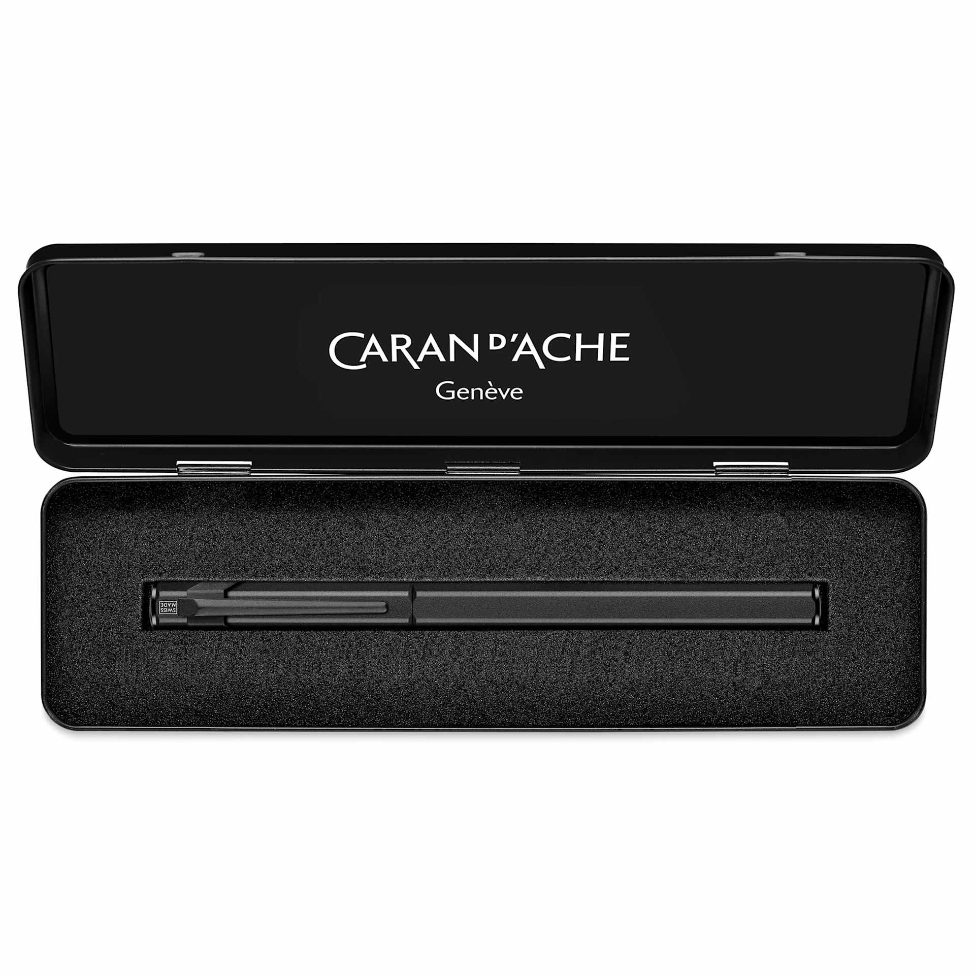 Caran d'Ache 849 Black Code Fountain Pen - Black, Fine Tip, shown inside of the metal case