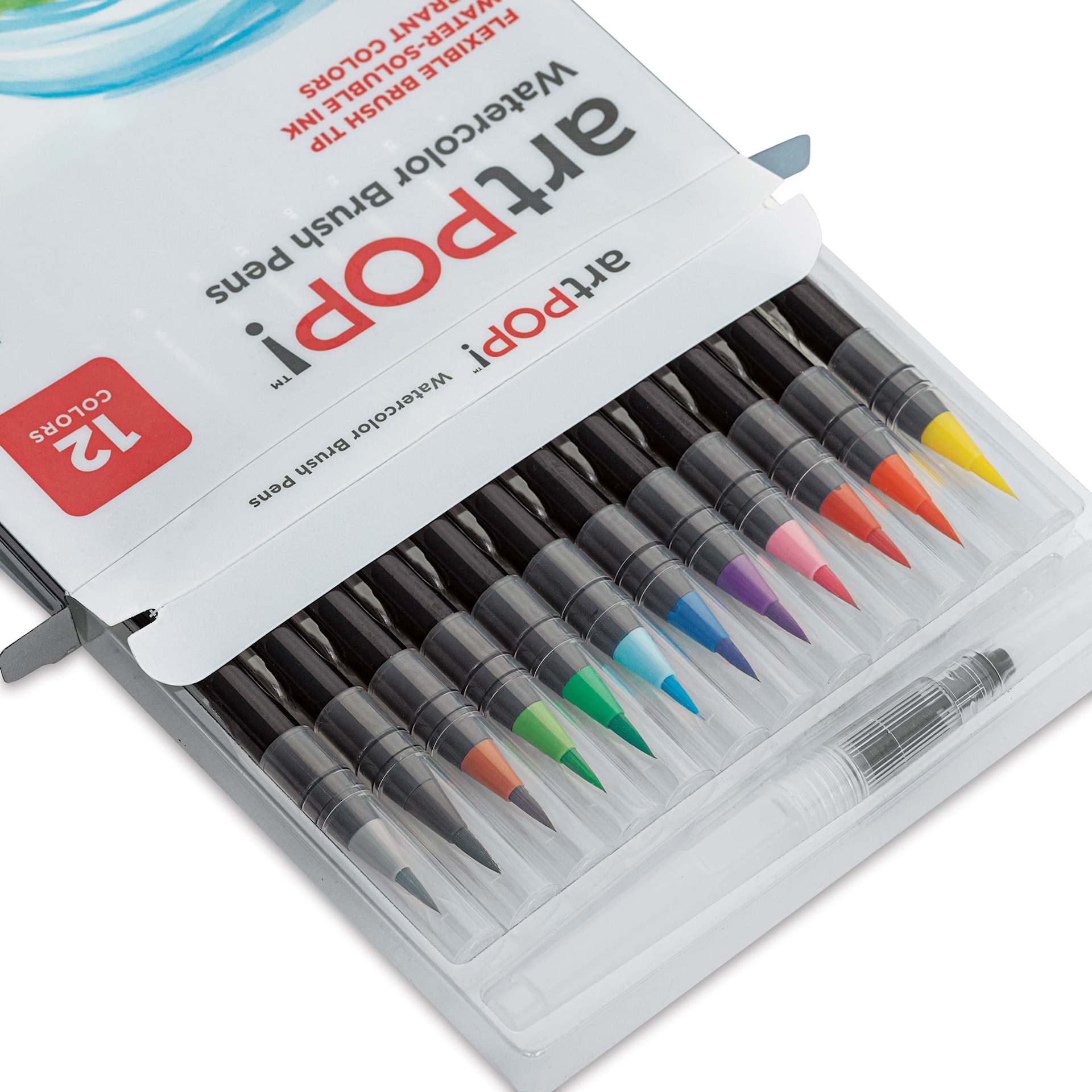 artPOP! Watercolor Brush Pens - Set of 12 (Set open showing brush pen tips)