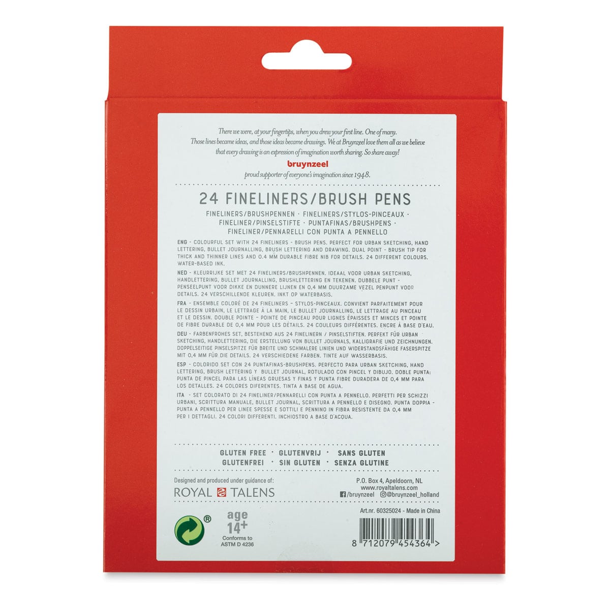 Bruynzeel Fineliner Brush Pens - Assorted, Set of 24 (back of package)