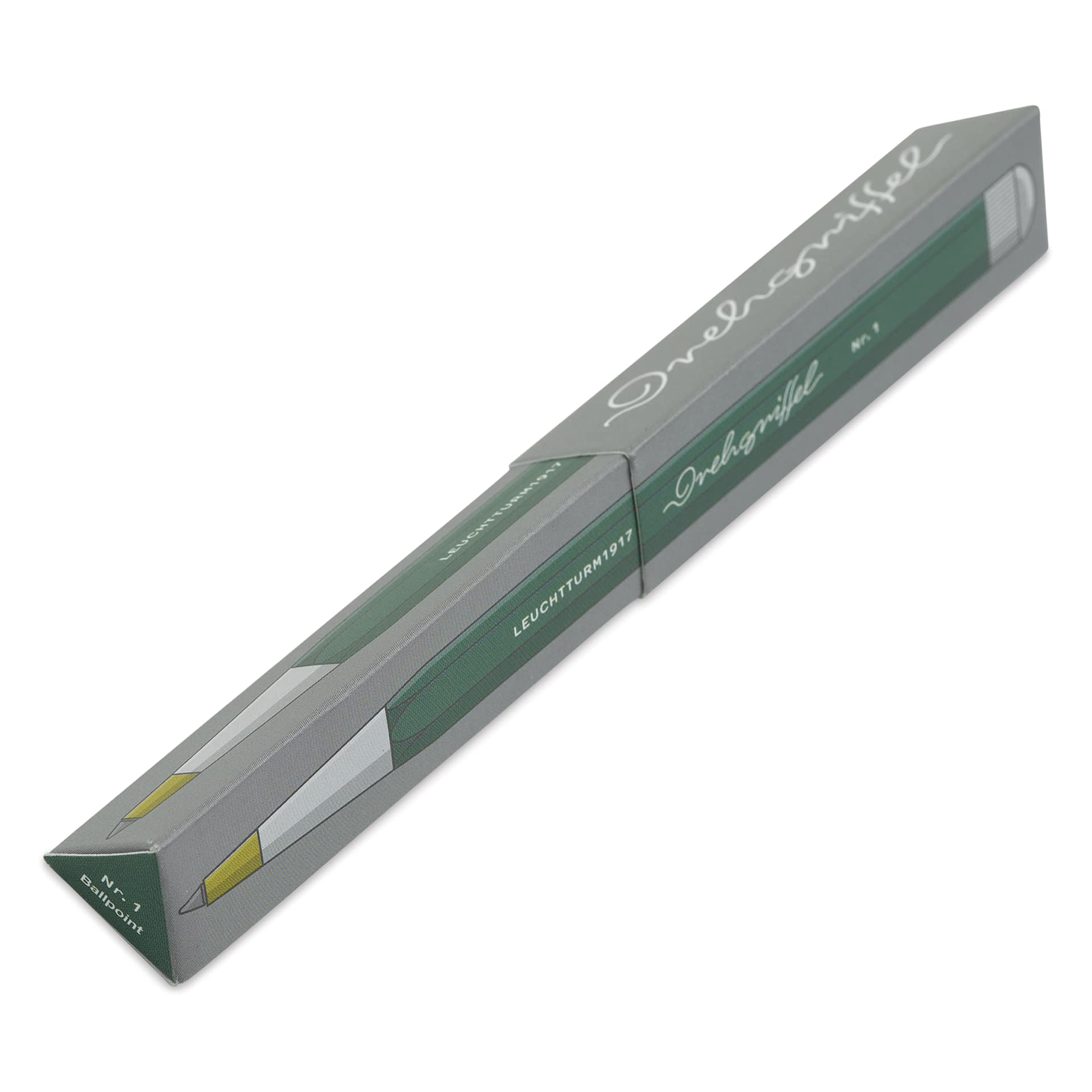 Leuchtturm1917 Drehgriffel Nr. 1 Ballpoint Pen - Olive front of packaging, angled view