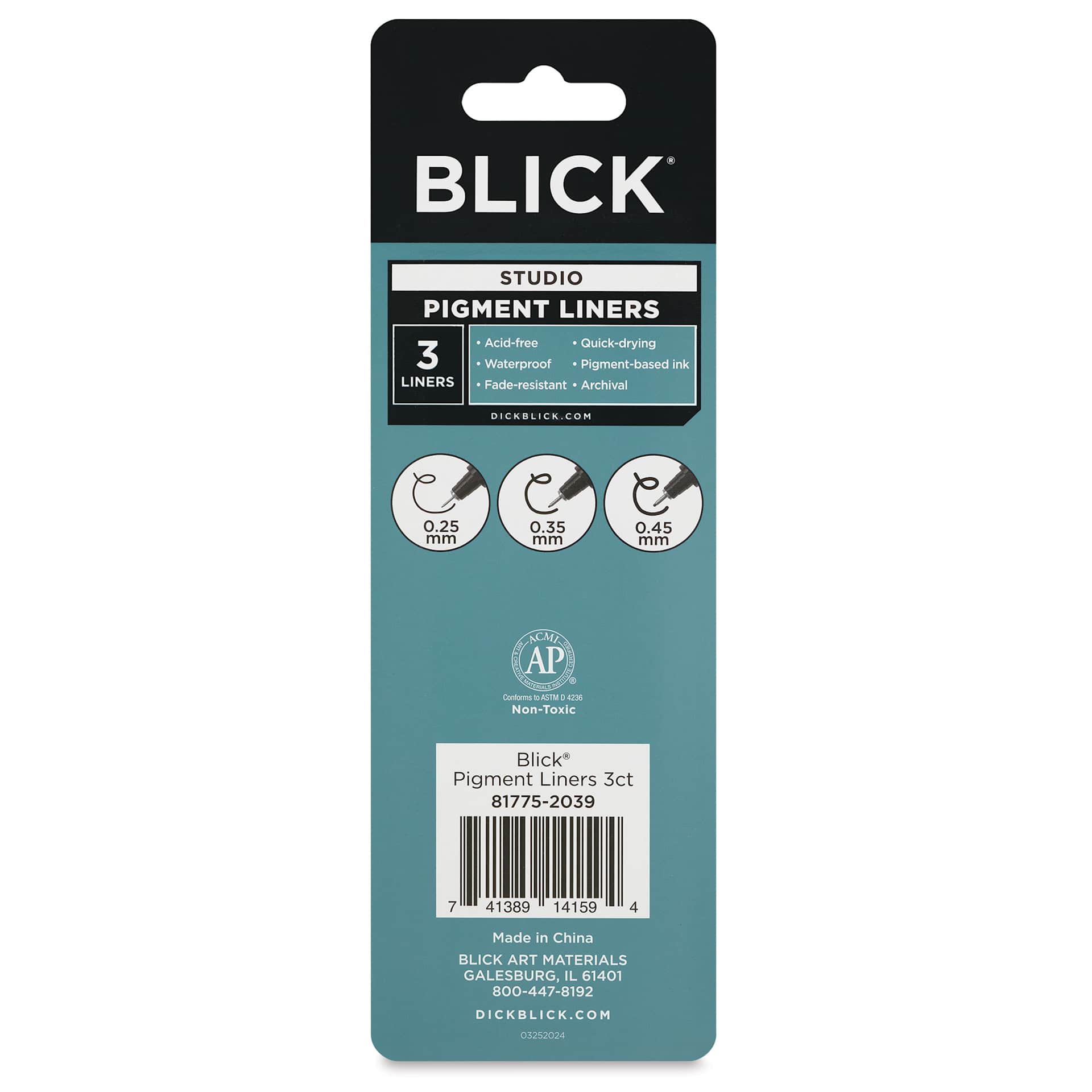 Blick Studio Pigment Liners - Black, Set of 3, Assorted - back of packaging