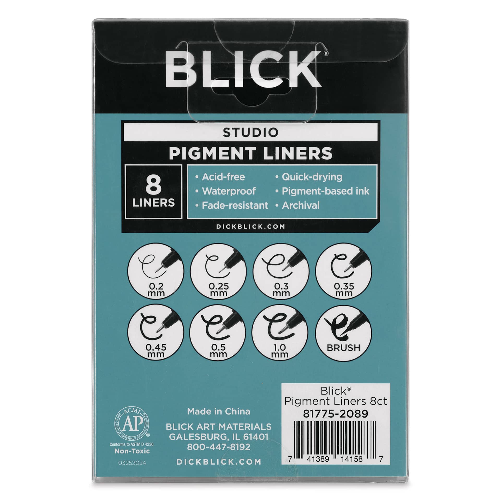 Blick Studio Pigment Liners - Black, Set of 8, Assorted - back of packaging