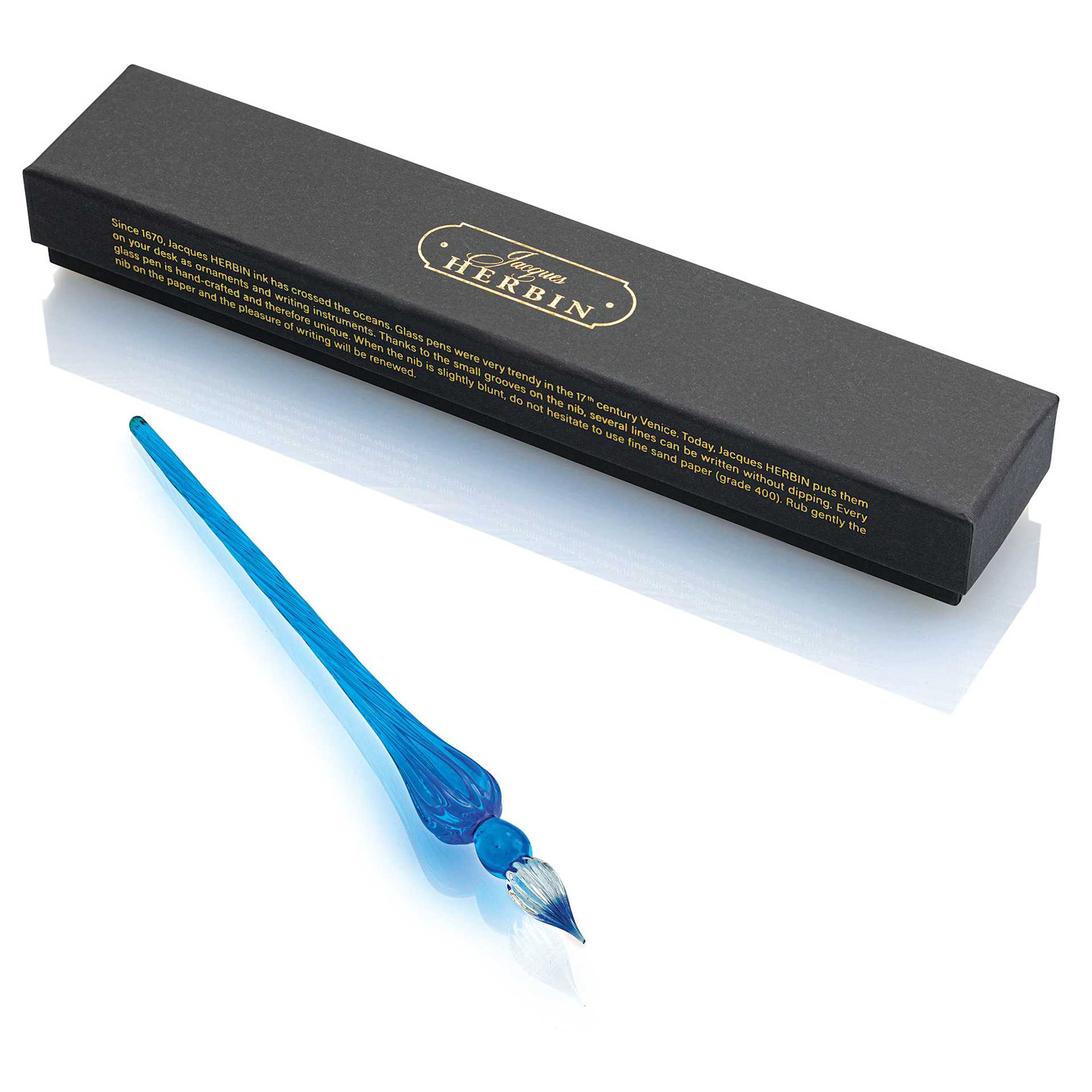 Herbin Round Glass Dip Pen - Navy Blue, next to gift box