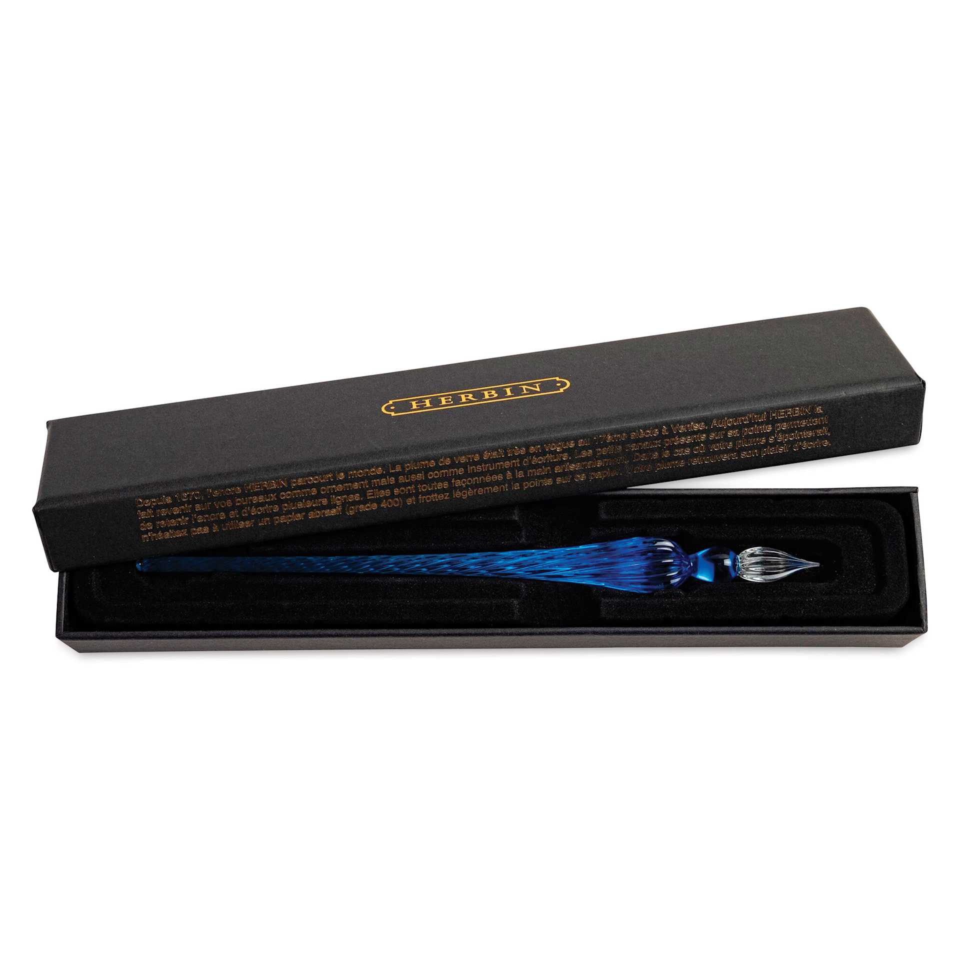 Herbin Round Glass Dip Pen - Navy Blue, open gift box