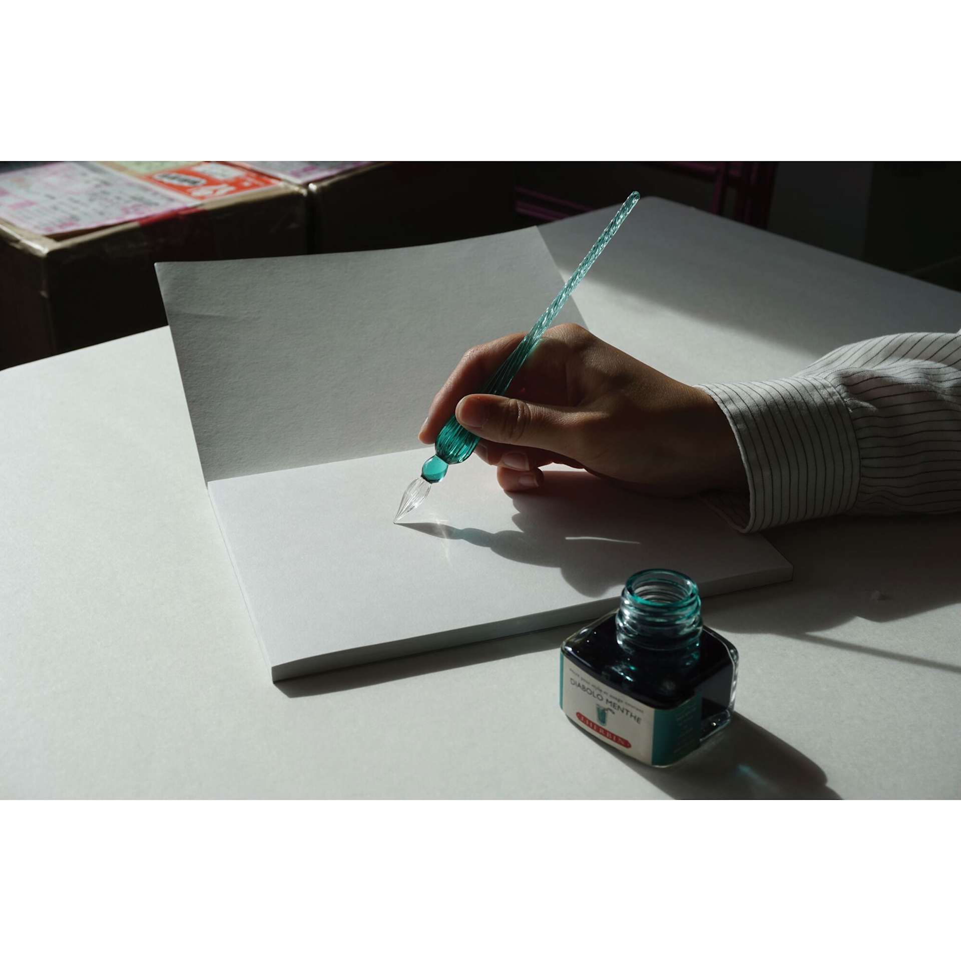 Herbin Round Glass Dip Pens, writing in open book