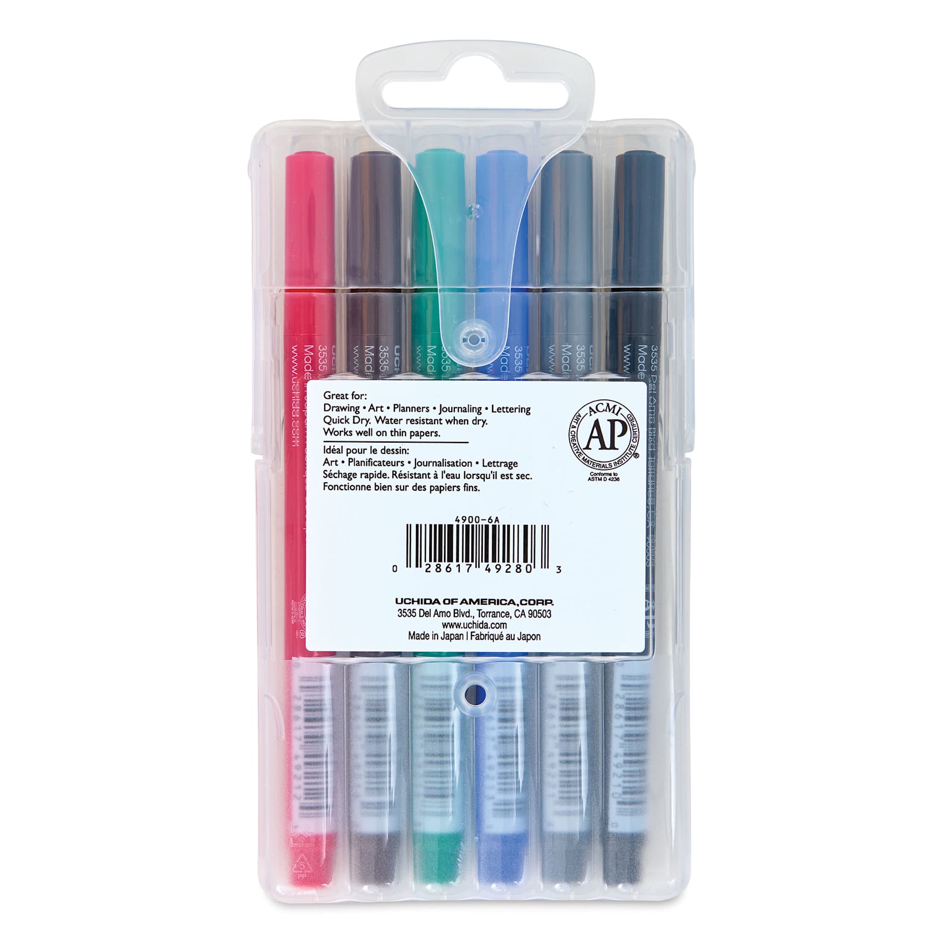 Marvy Uchida LePen Pigment Pens - Primary Colors, Set of 6 back of package