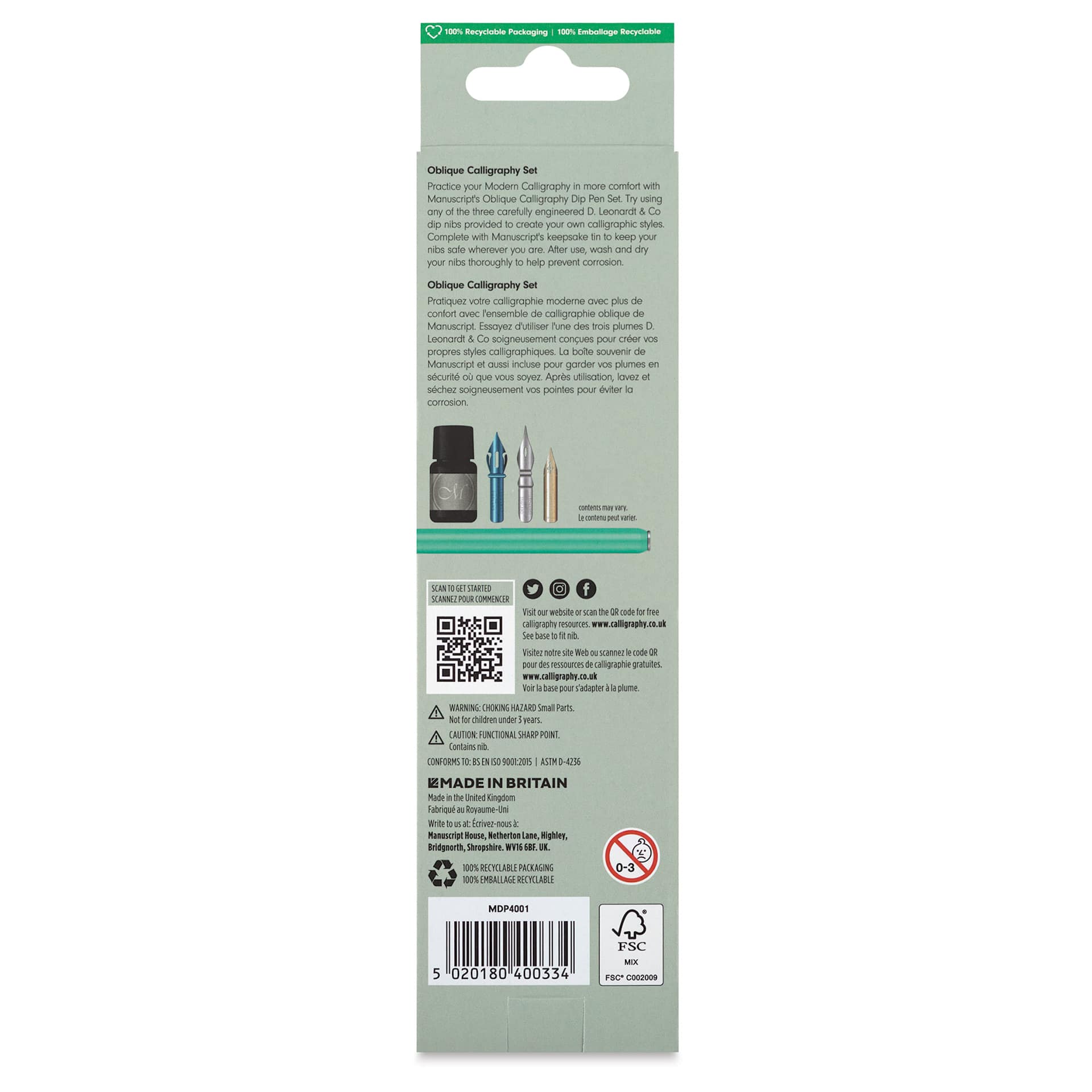 Manuscript Modern Calligraphy Dip Pen Set - Teal, back of the packaging
