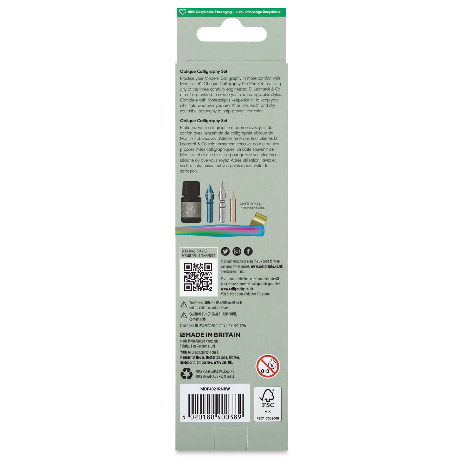 Manuscript Modern Calligraphy Oblique Pen Set - Rainbow Metallic, back of the packaging
