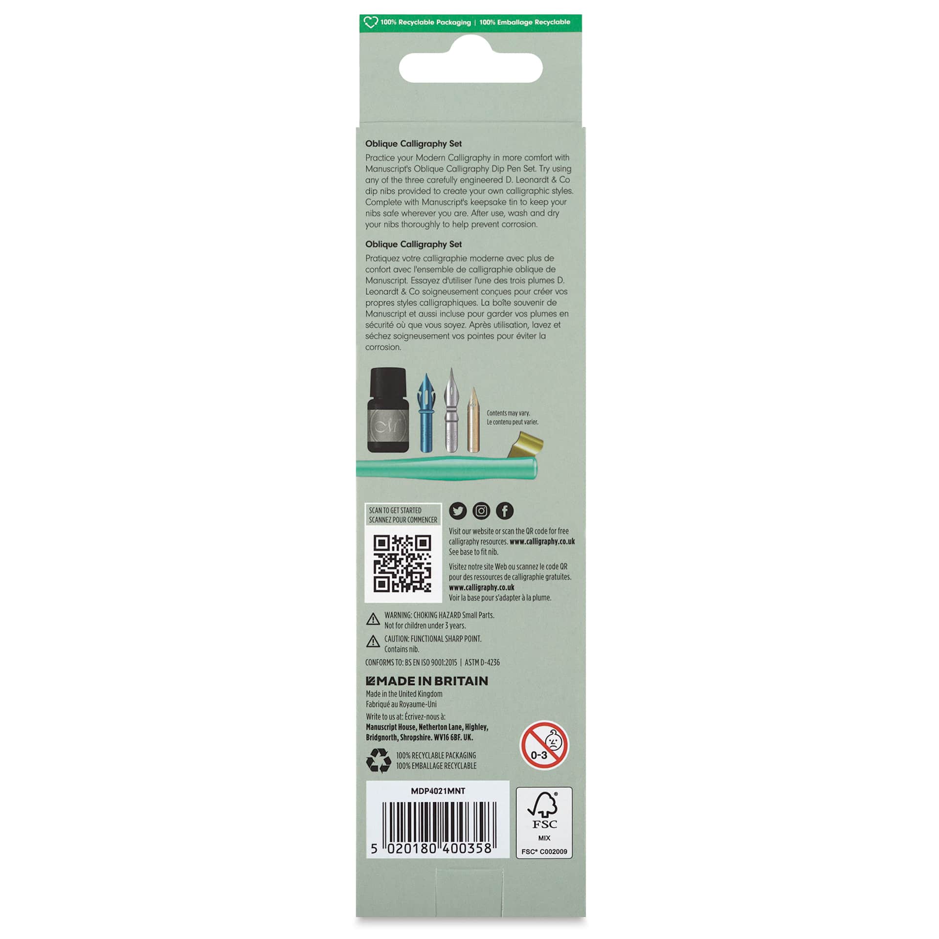 Manuscript Modern Calligraphy Oblique Pen Set - Mint, back of the packaging