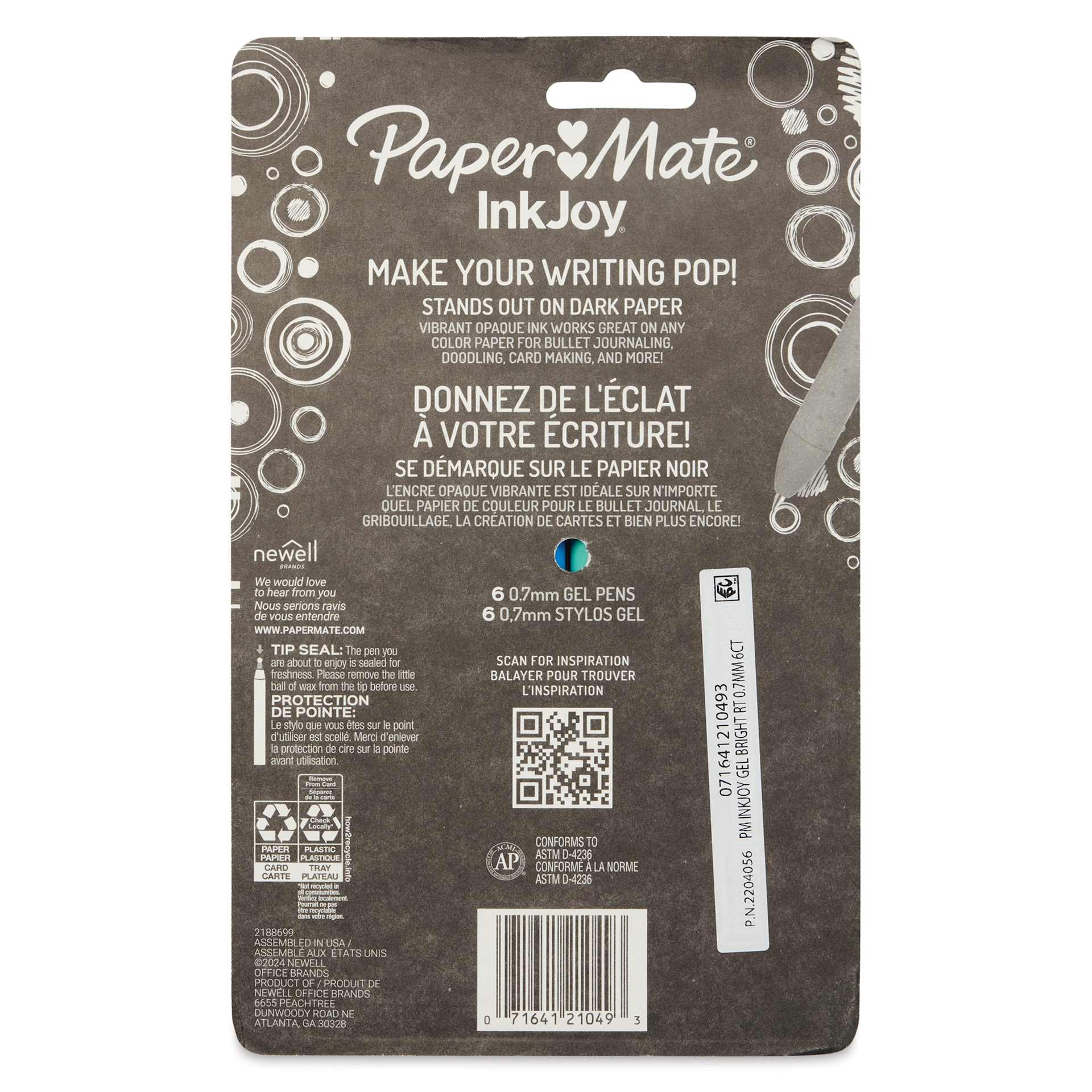 Paper Mate Inkjoy Gel Bright Pens - Assorted Colors, Set of 6, back of the packaging