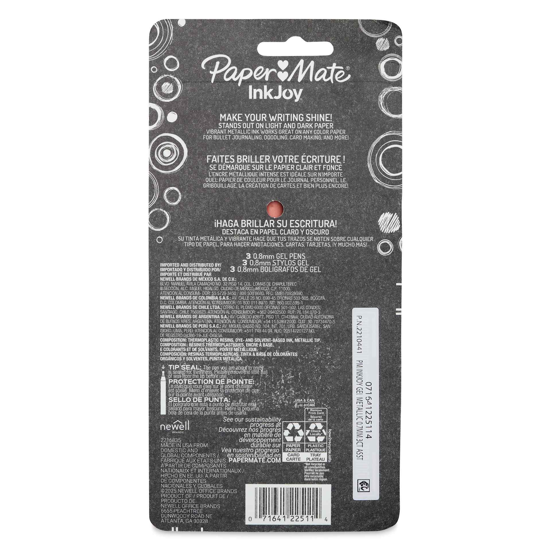 Paper Mate Inkjoy Retractable Metallic Gel Pens - Assorted Colors, Set of 3, back of the packaging